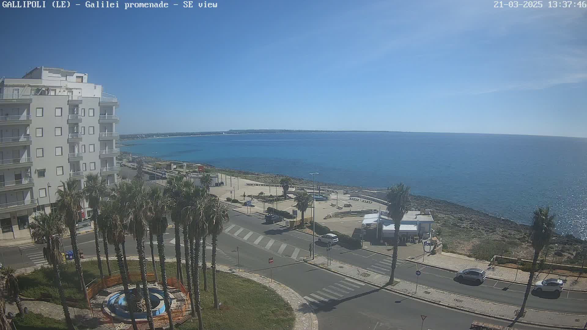 A sunny day overlooks a coastal town with a calm sea, palm trees, a multi-story building, and a paved road with parked cars.