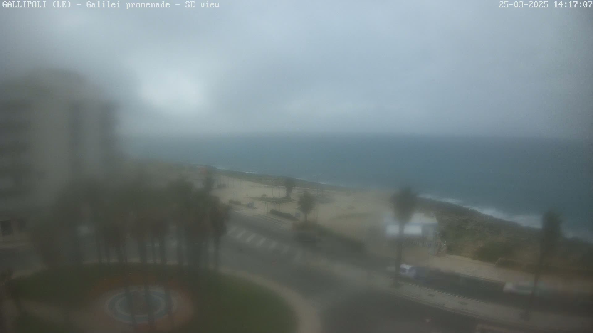 A hazy, overcast view of a coastal town, showing a beach, roadway, and palm trees, with a somewhat blurry view of the sea in the background.