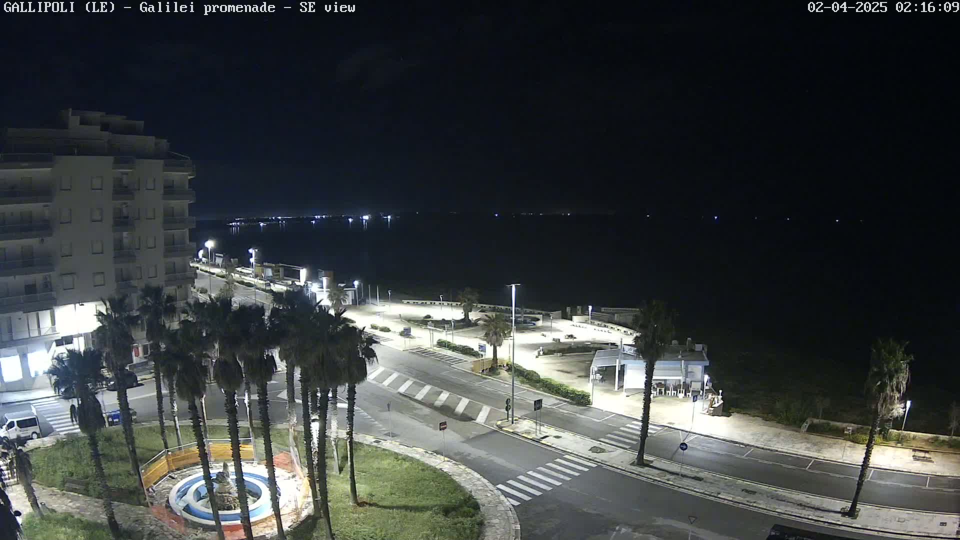 A nighttime, high-angle view of a coastal road with palm trees, a building, and a parking lot, overlooking a calm dark body of water.