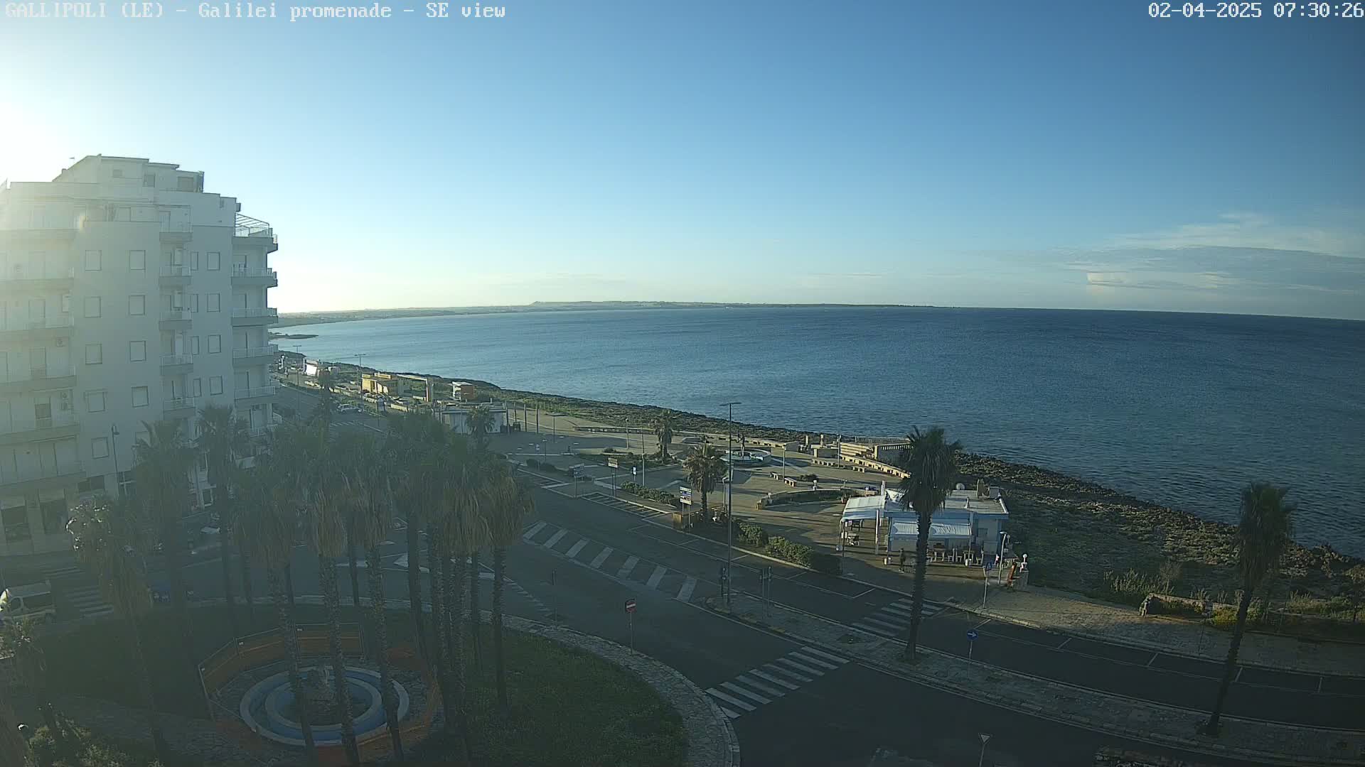 A seaside promenade with palm trees, a building, and a calm, clear blue ocean under a mostly clear sky.
