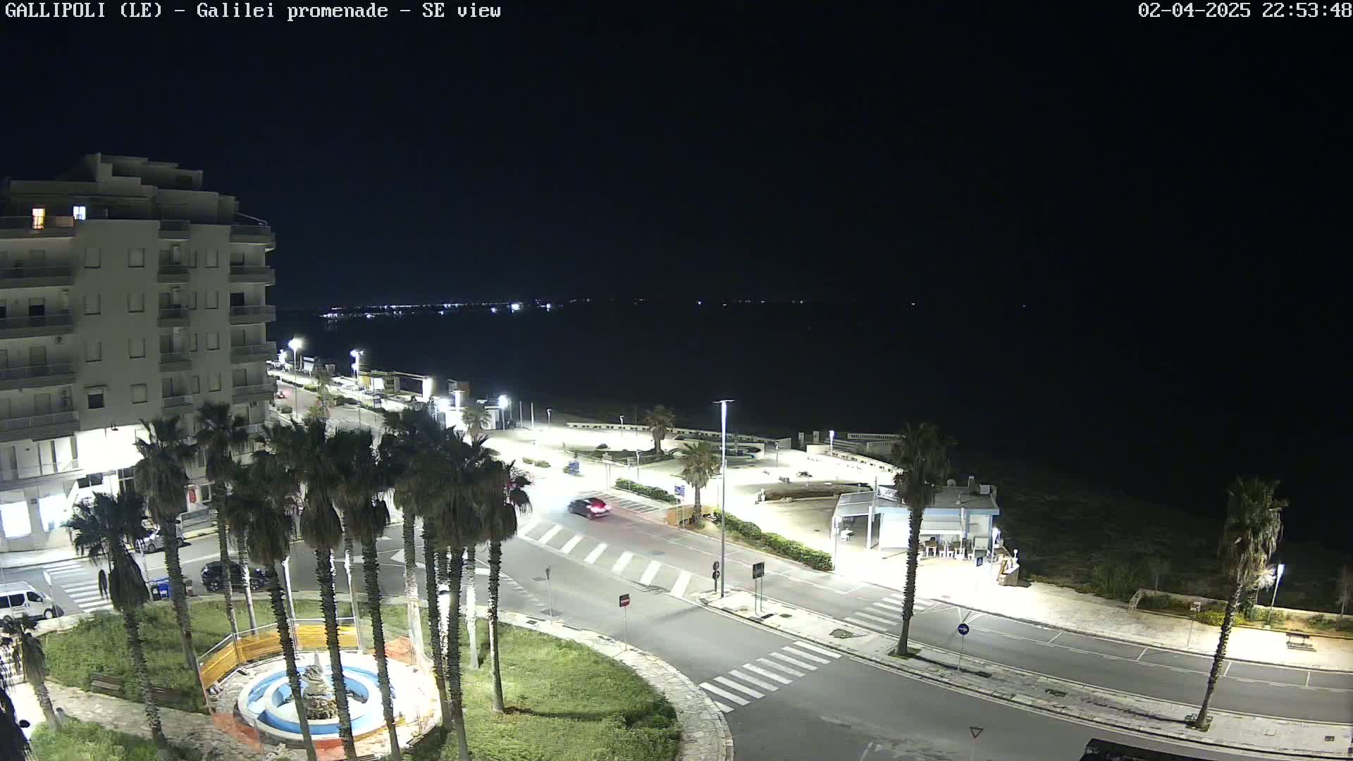 A nighttime view of a coastal town shows a multi-story building, palm trees, a roadway with few cars, and a dark body of water in the distance under a clear, dark sky.