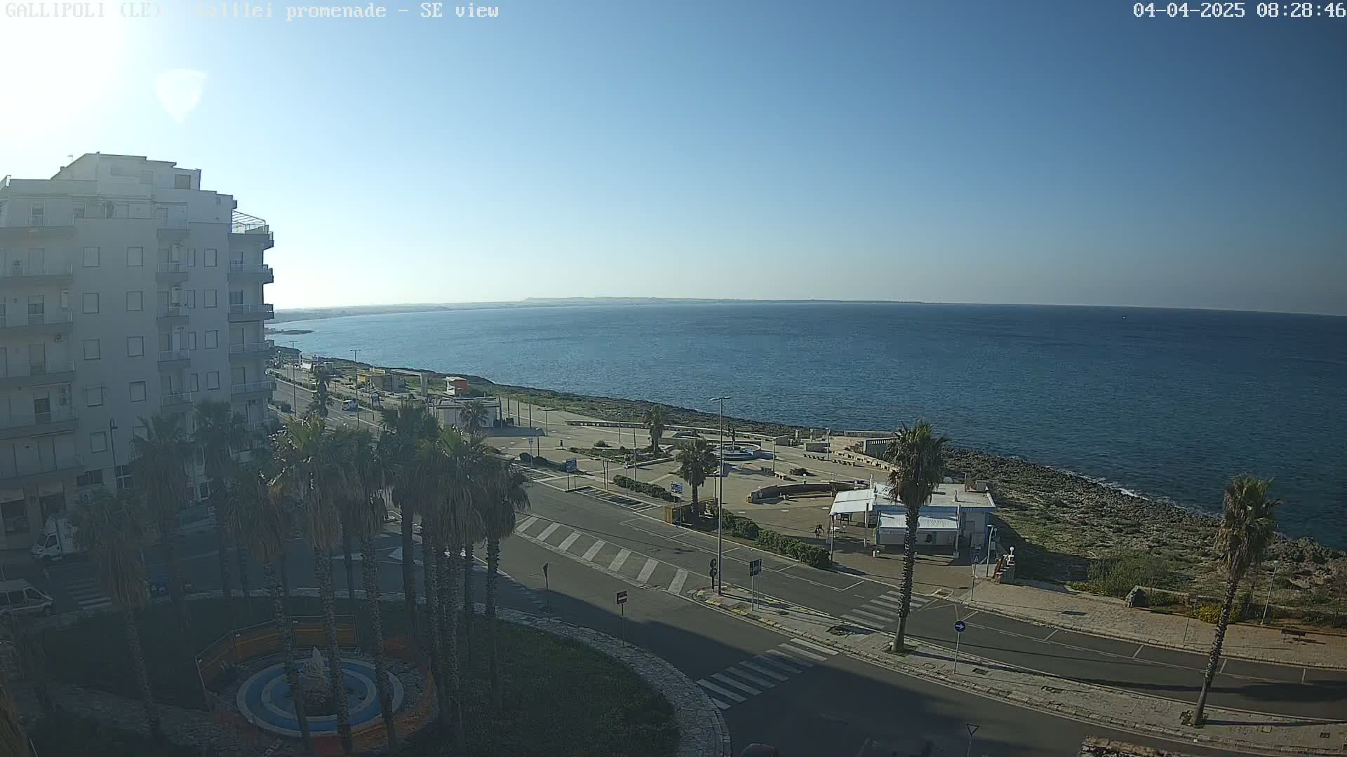 A seaside promenade with palm trees, a building, and a mostly empty parking area, overlooks a calm, blue sea under a clear sky.