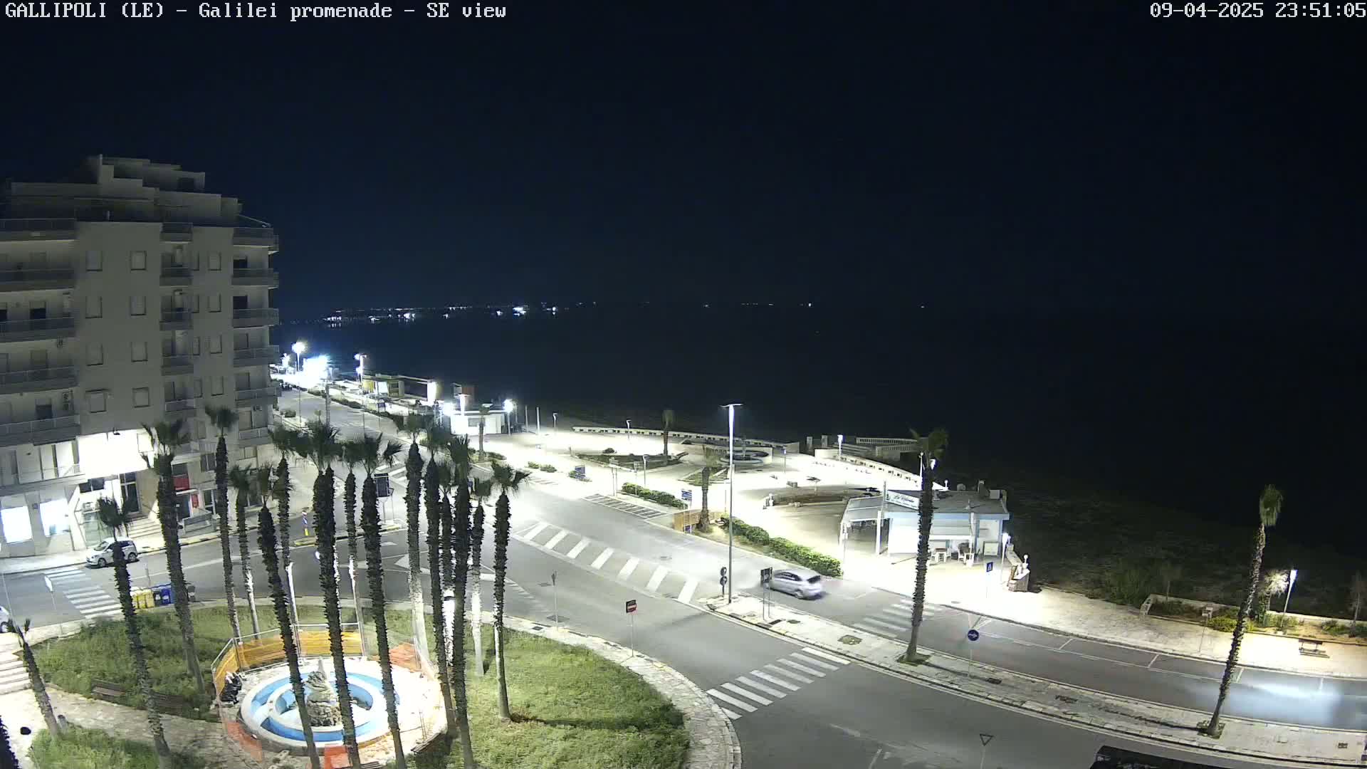 A nighttime, overhead view of a coastal town's promenade, featuring palm trees, a building, and a few cars, with a dark body of water visible in the background.