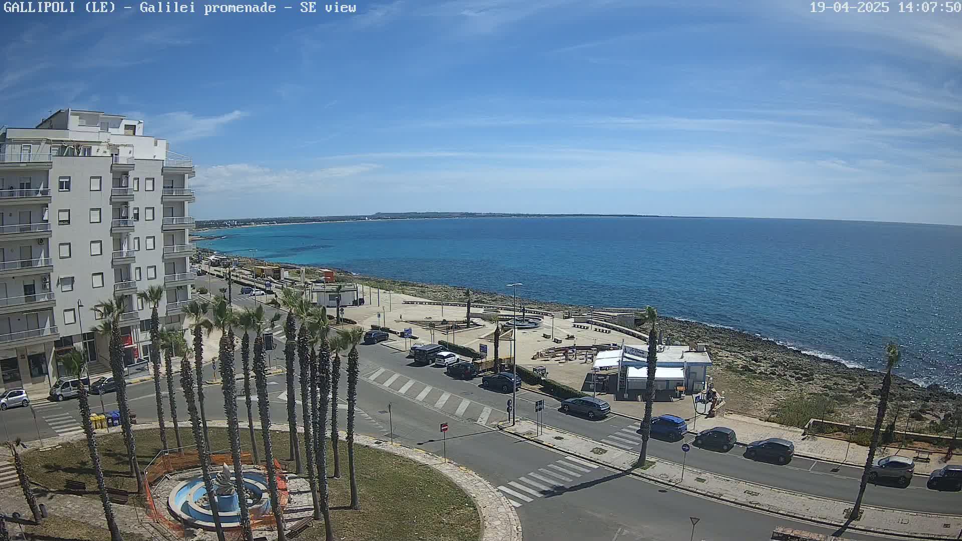 A seaside town is shown on a sunny day, with a multi-story building, palm trees, parked cars, and a calm blue ocean in the background.
