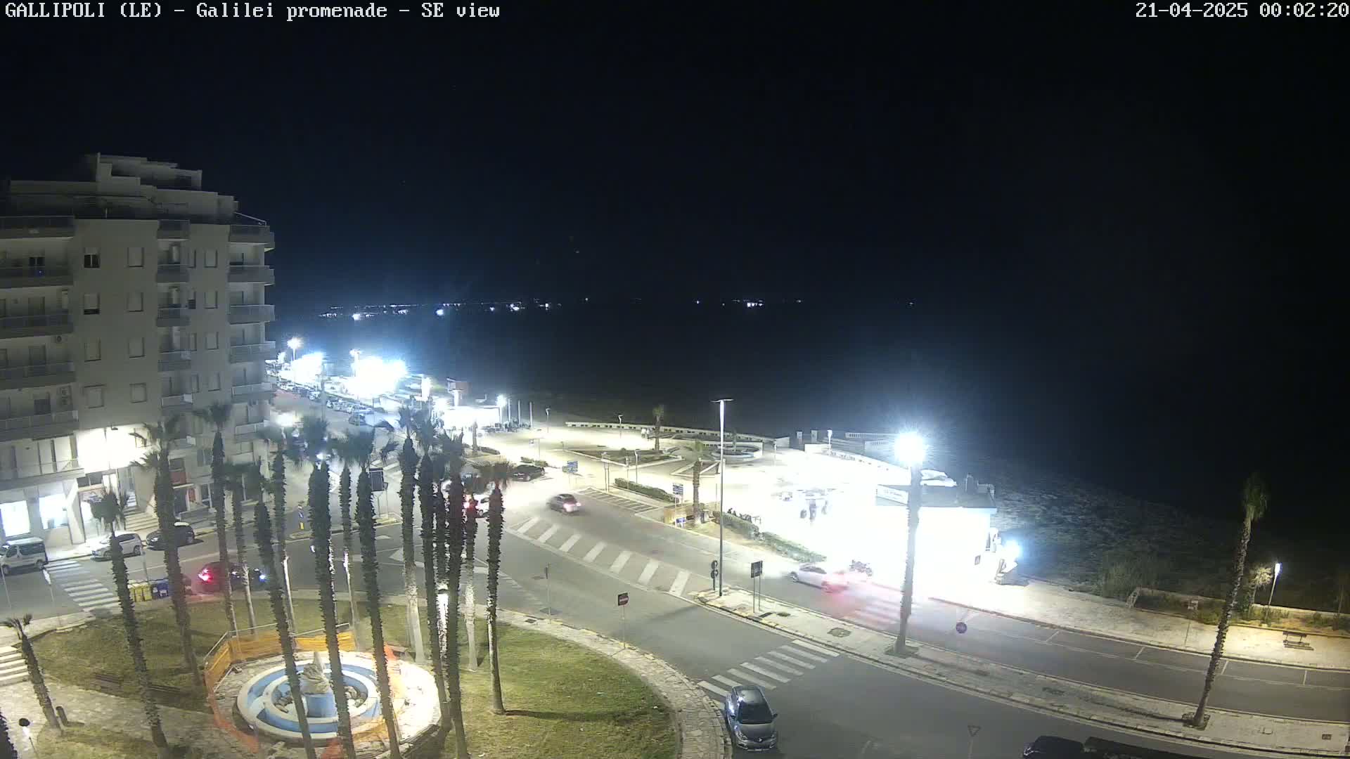 A nighttime, brightly lit seaside promenade scene shows a multi-story building, palm trees, cars driving along roadways, and a calm dark body of water in the distance.