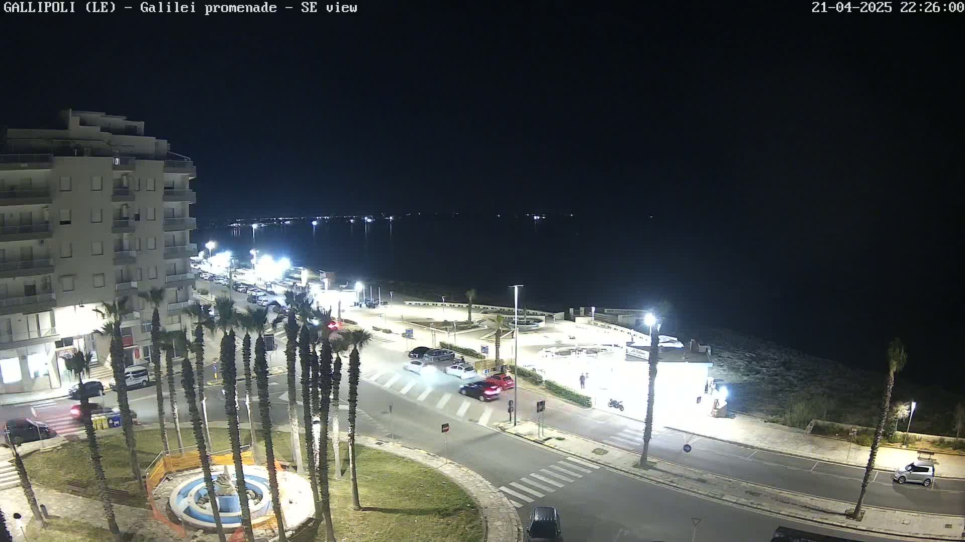A nighttime, high-angle view of a coastal town showing a seaside promenade with cars parked and driving along a road, palm trees, buildings, and a calm body of water.