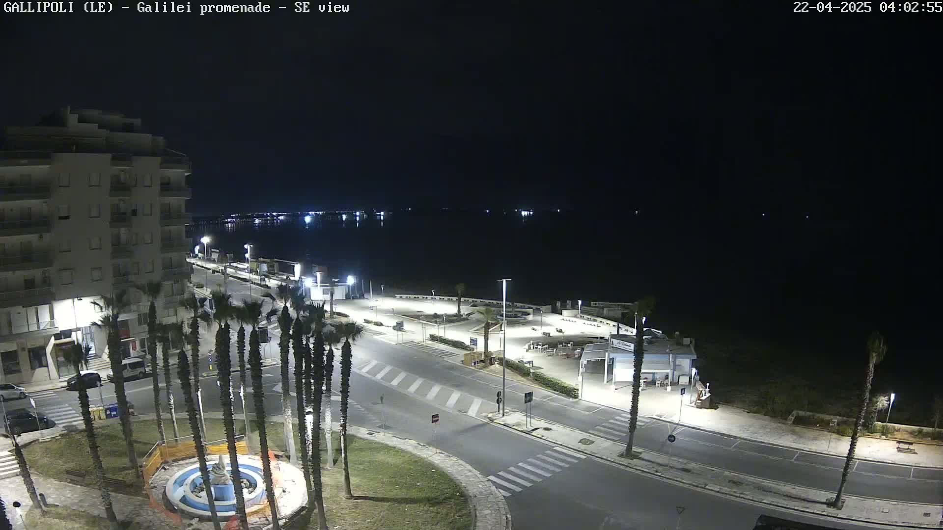 A nighttime, high-angle view of a seaside promenade with palm trees, buildings, and a calm body of water in the background.