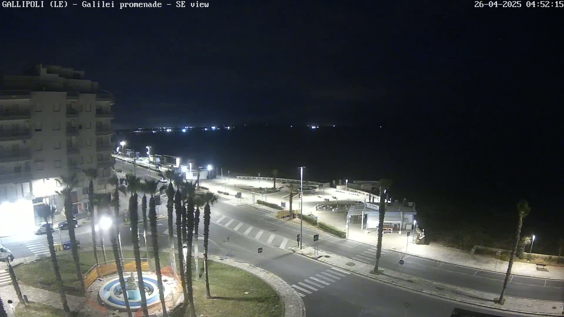 A nighttime view of a mostly empty seaside promenade with palm trees, a building, and a circular fountain under a clear, dark sky.