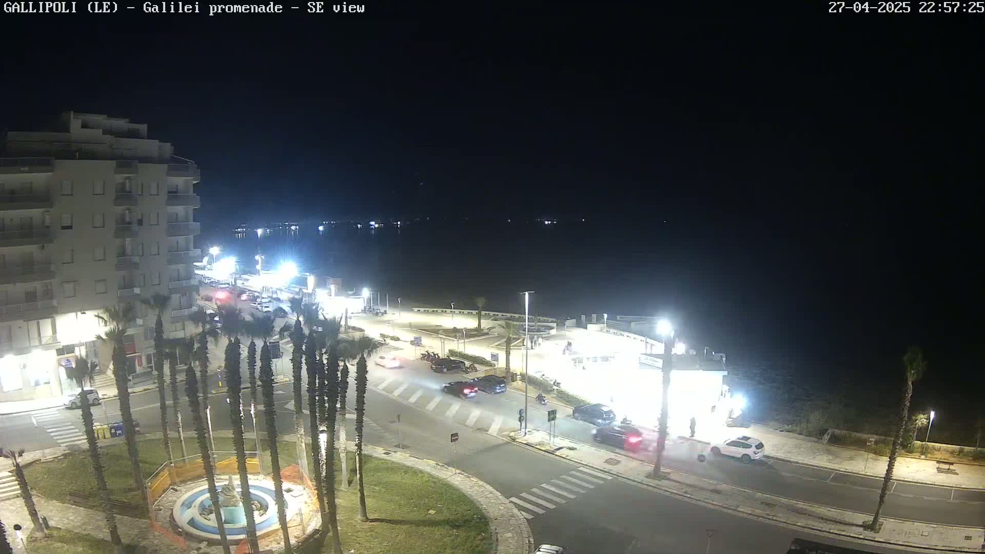 A nighttime view of a waterfront promenade with cars on the road, palm trees, and a building overlooking the calm sea.