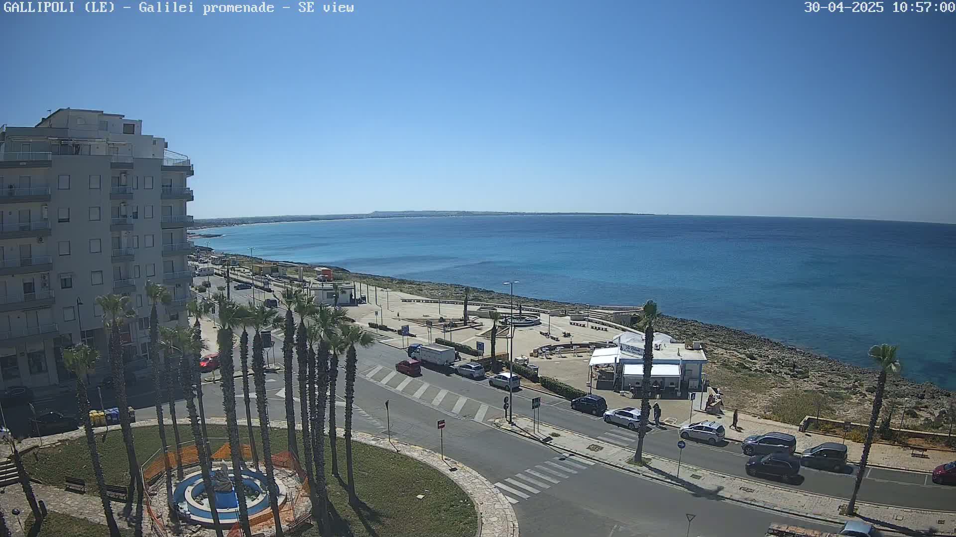 A seaside town scene on a sunny day shows a multi-story building, palm trees lining a street with parked cars, and a calm blue ocean in the background.