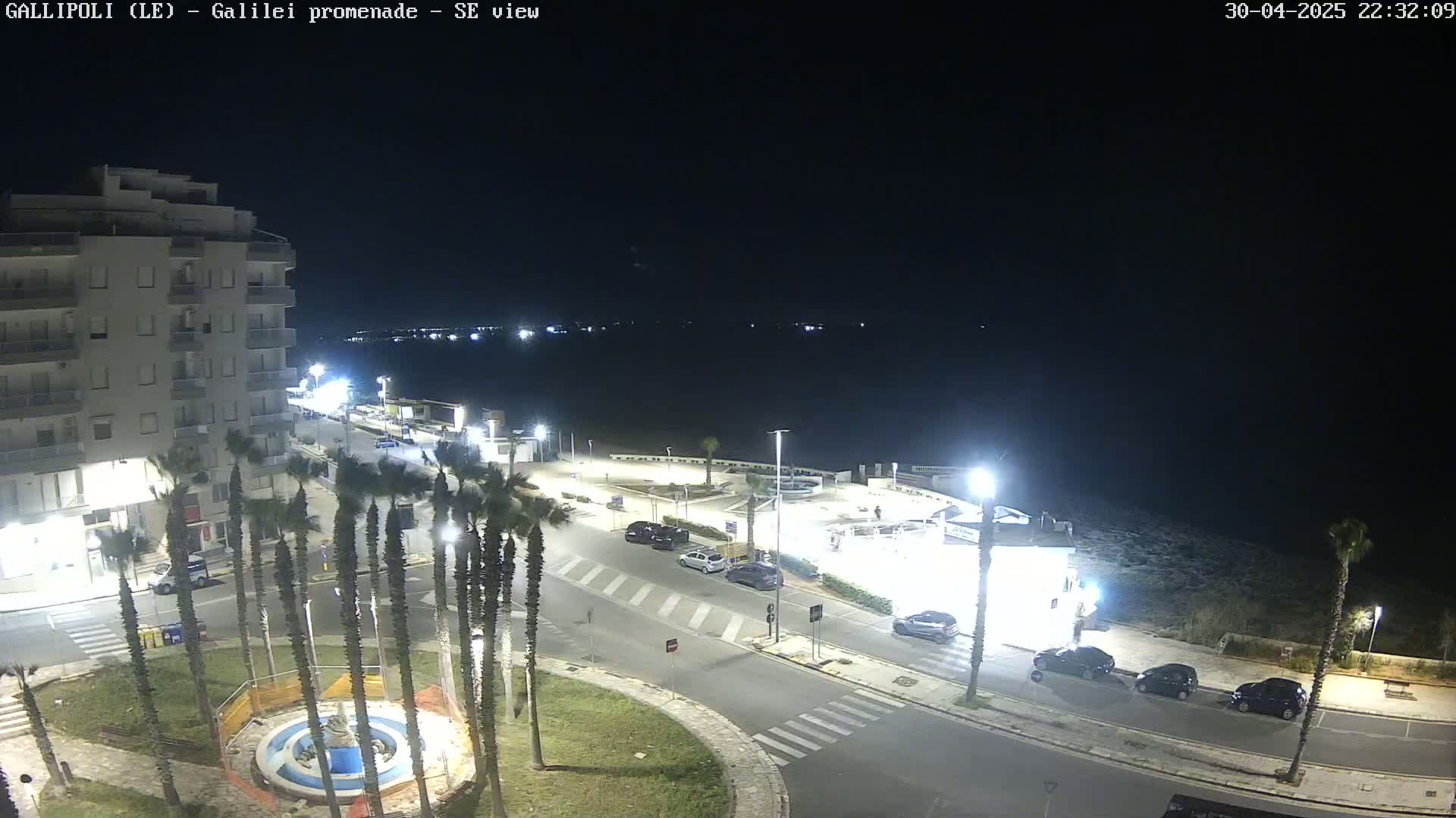 A nighttime, brightly lit view of a seaside promenade with palm trees, parked cars, and a building overlooking a dark body of water under a clear sky.