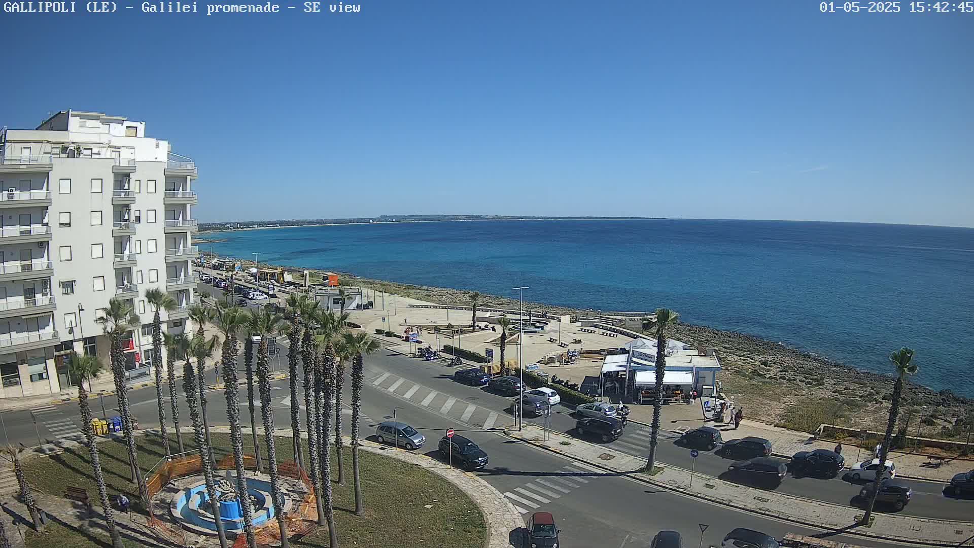 A seaside town on a sunny day shows a multi-story building, palm trees, a fountain, and cars parked along the road next to the ocean.