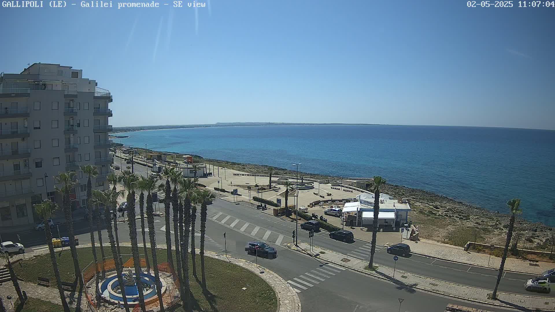 A seaside town scene on a sunny day shows a calm ocean, a paved road with cars, palm trees lining the street, and a multi-story building in the background.