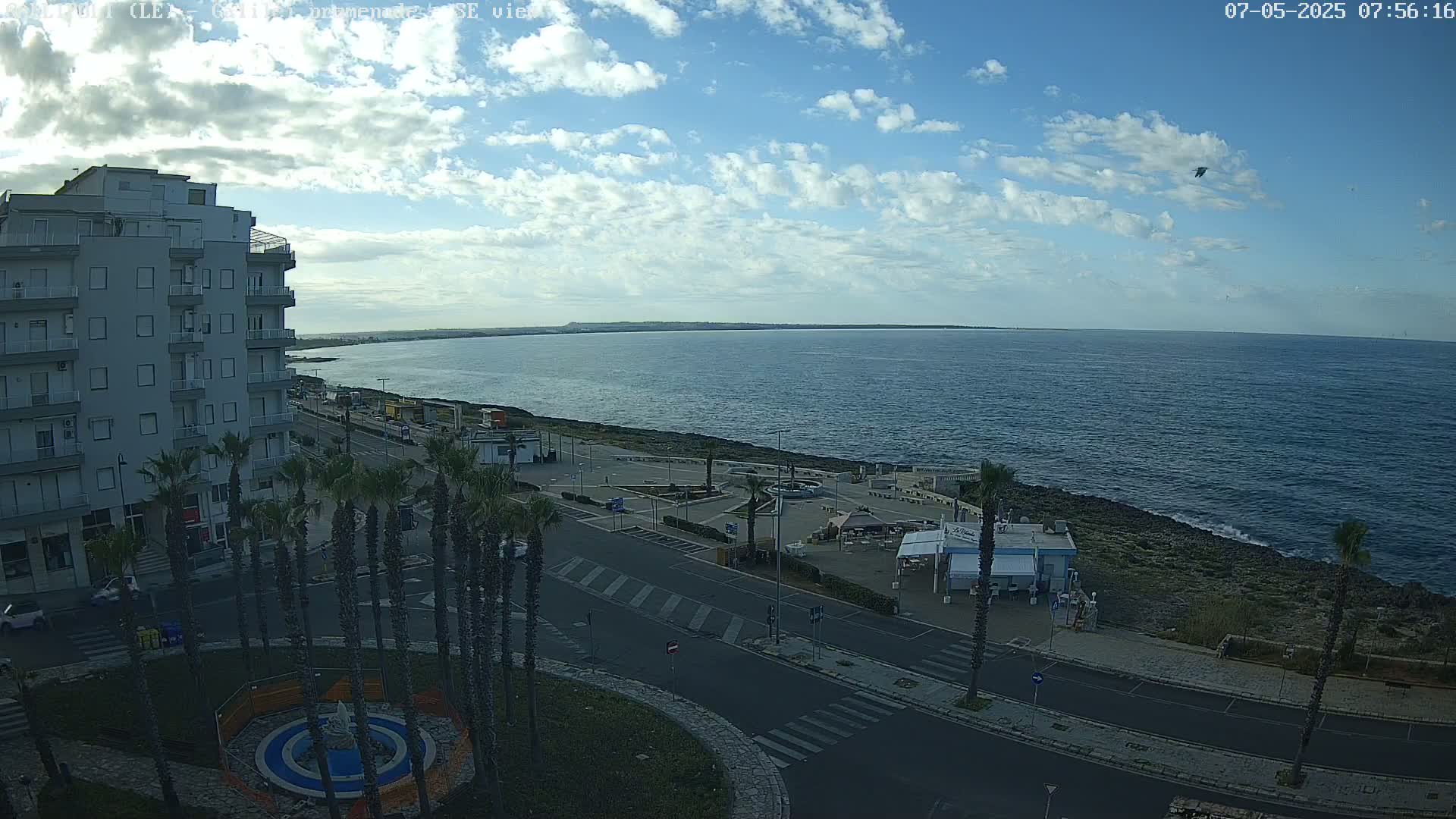 A partly cloudy day shows a coastal town with palm trees lining a road that leads to a calm, blue sea.