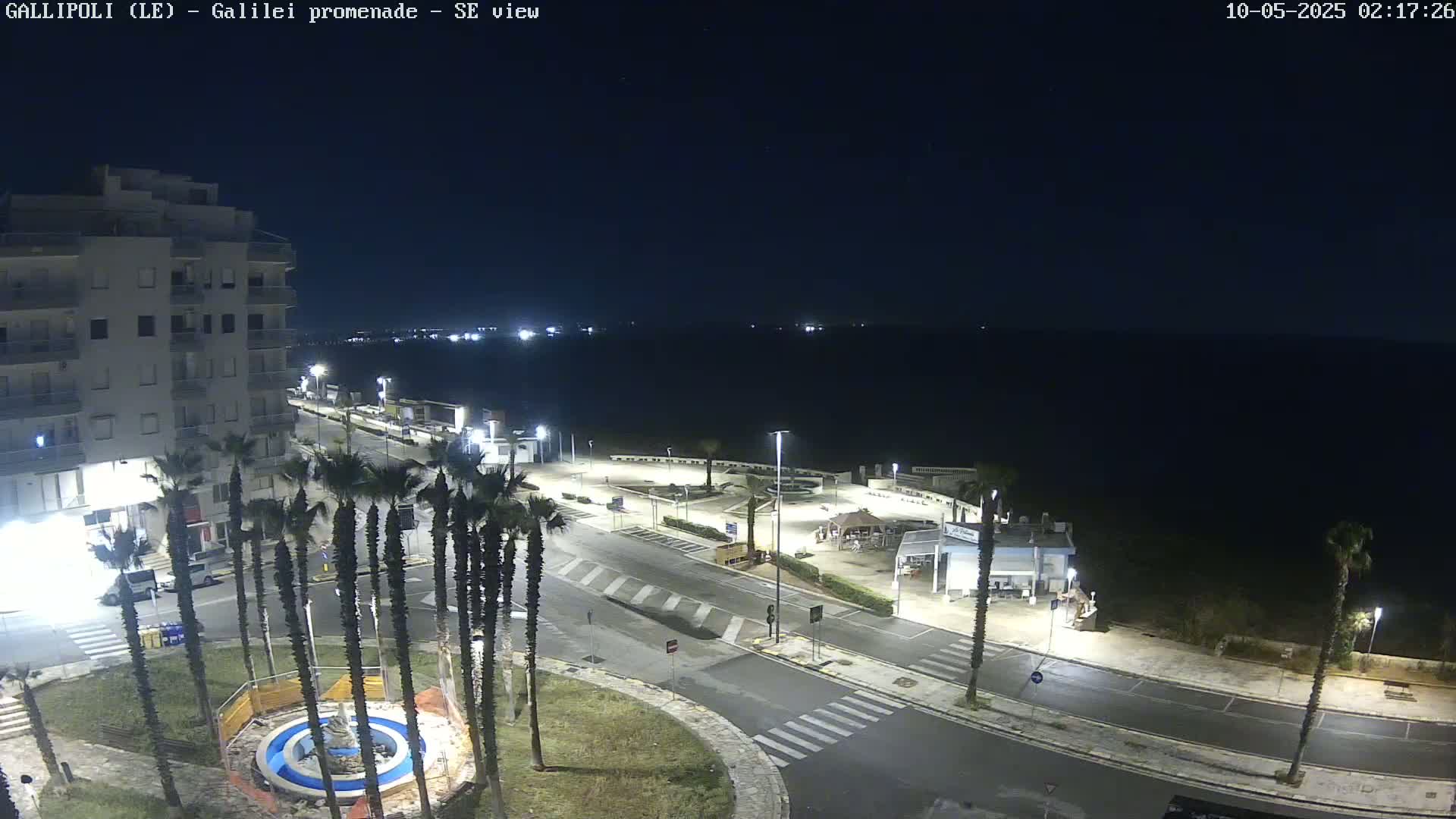A nighttime, high-angle view shows a seaside promenade with palm trees, buildings, and a mostly calm dark ocean.