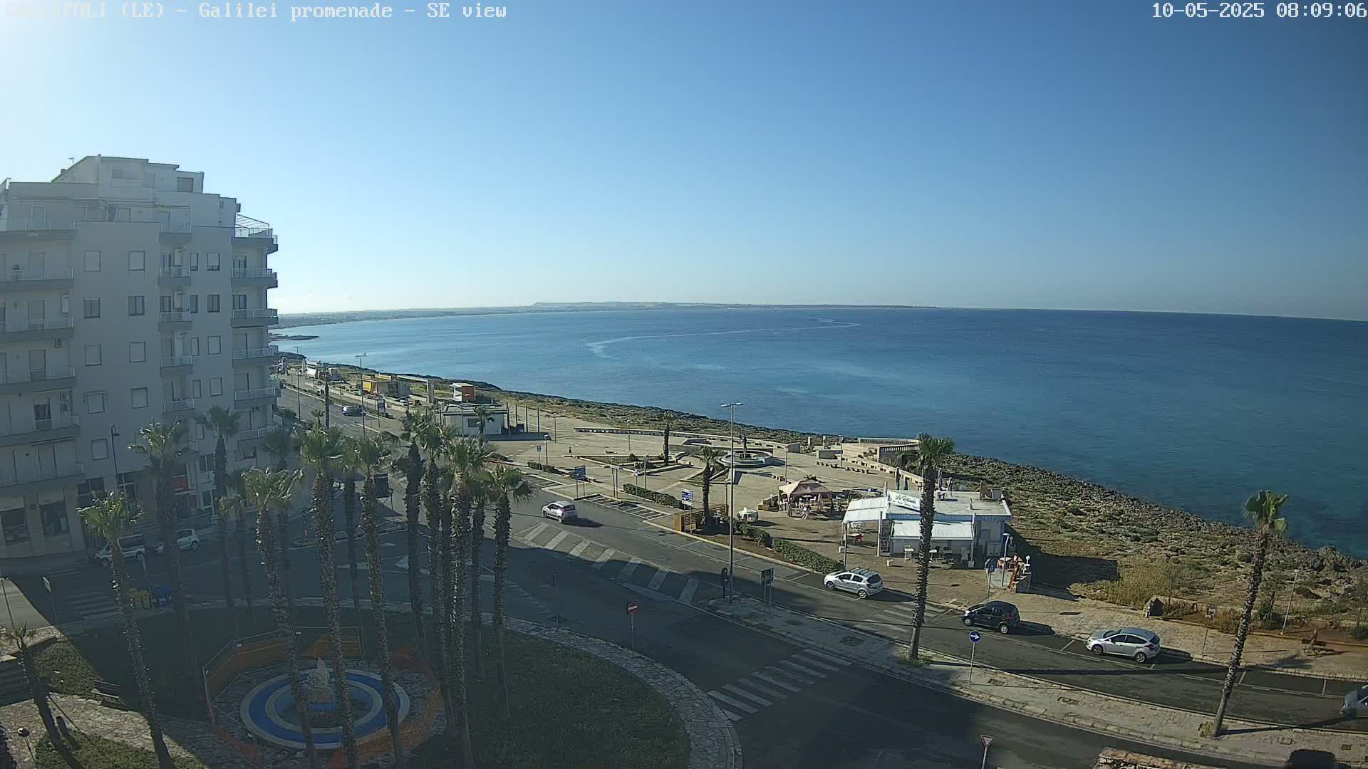 A coastal scene on a clear, sunny day shows a seaside promenade with palm trees, parked cars, and a building overlooking a calm ocean.