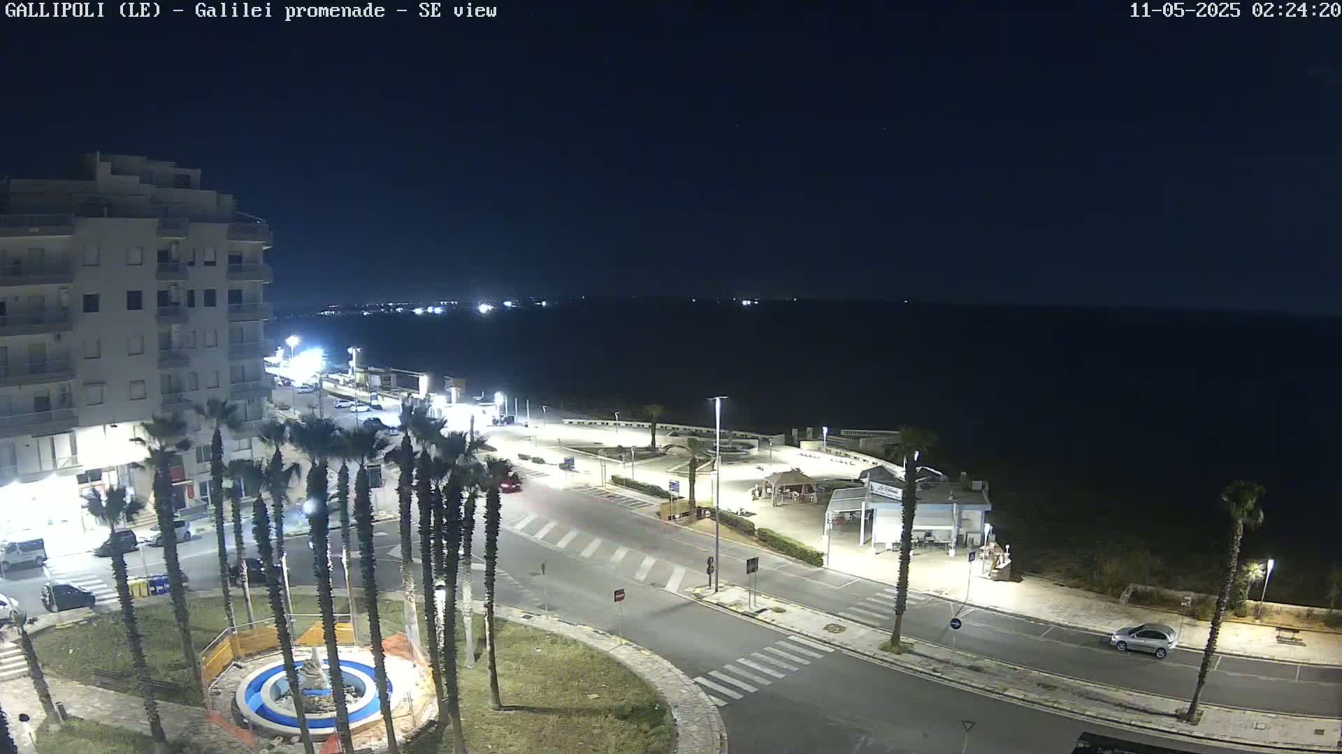 A nighttime, seaside view shows a coastal road curving around a palm-tree lined roundabout near a multi-story building, with a calm sea extending into the distance under a dark sky.