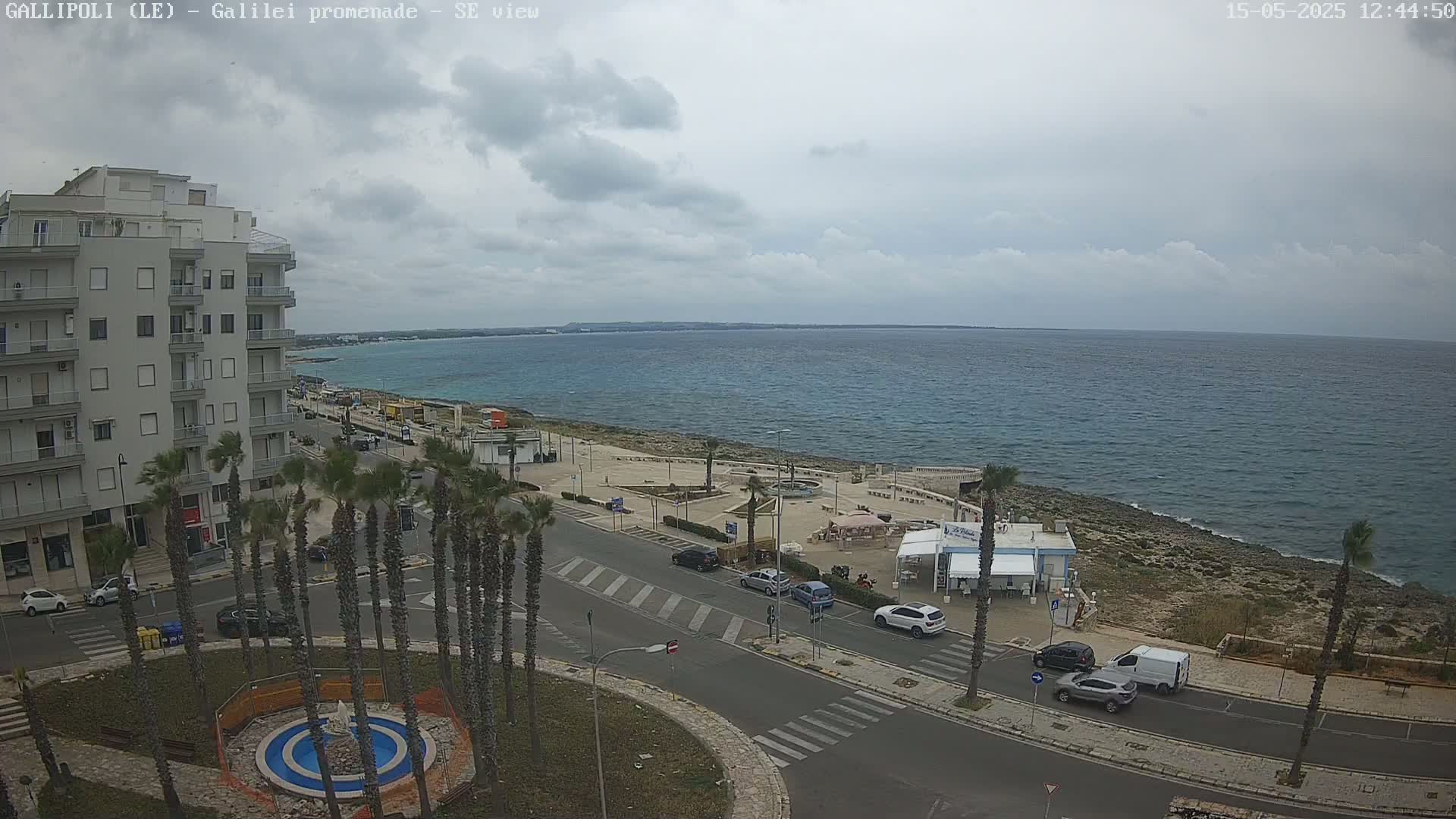 A seaside town with a calm ocean under a cloudy sky is viewed from above, showing a road, palm trees, buildings, and some cars parked.