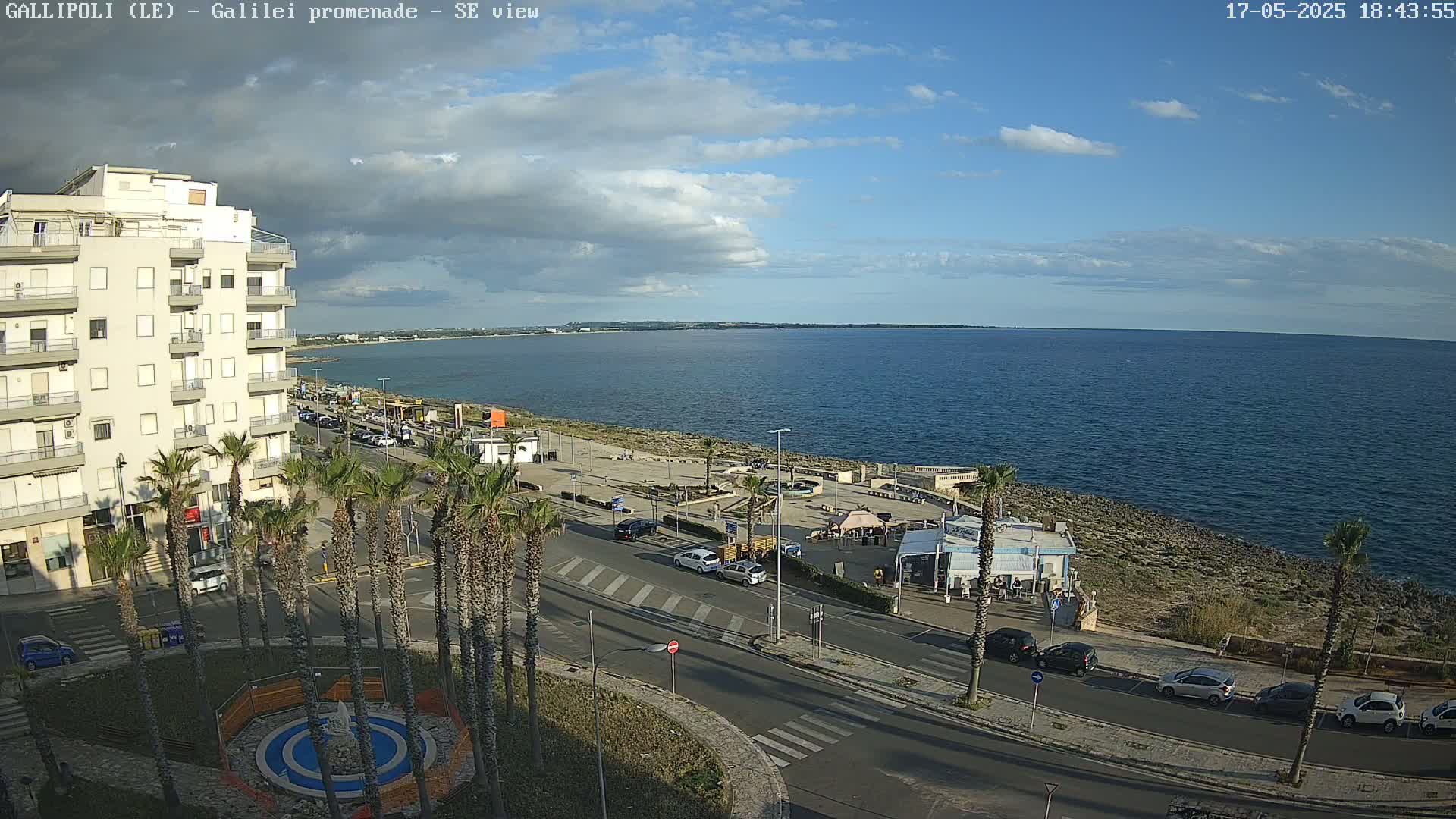 A partly cloudy day overlooking a seaside promenade with palm trees, buildings, and parked cars.