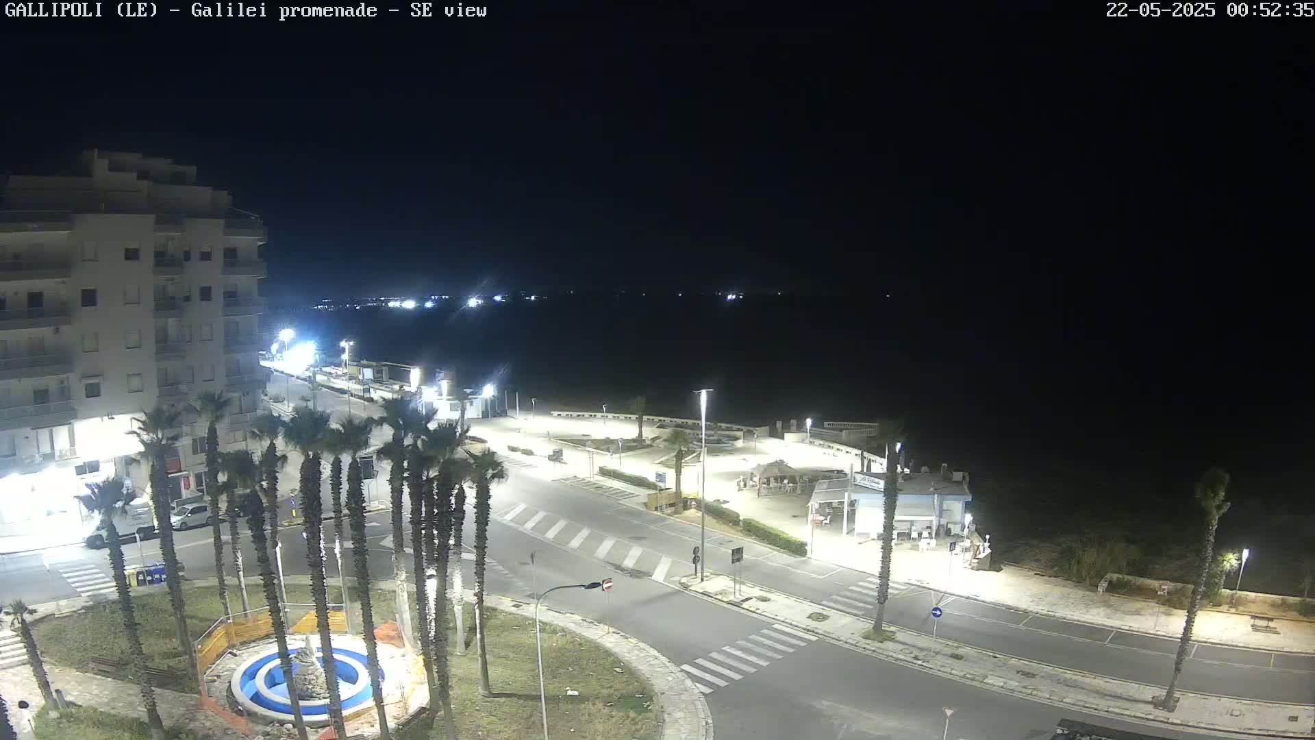 A nighttime, high-angle view of a coastal town's promenade, featuring a multi-story building, palm trees, roadways, and a dark, calm sea in the background.