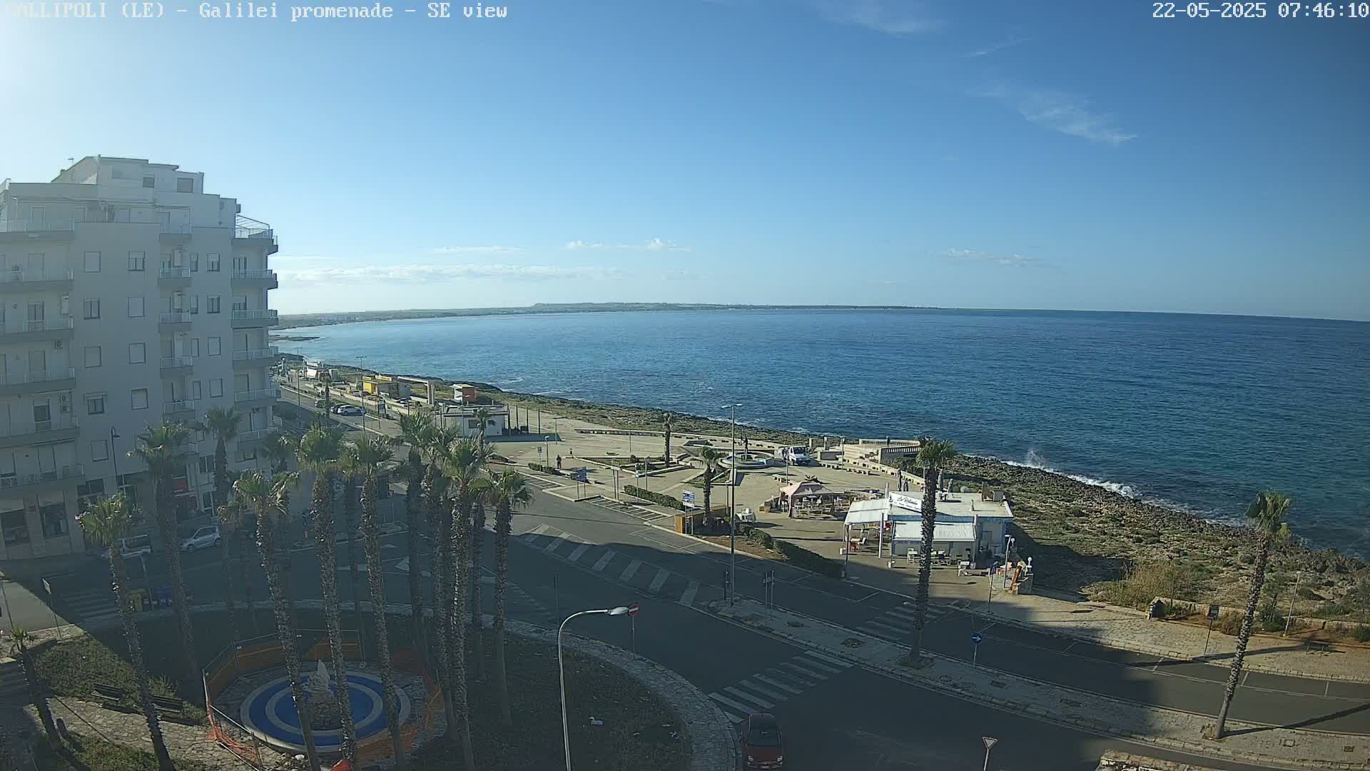 A seaside promenade with palm trees, buildings, and a small plaza overlooks a calm blue ocean under a mostly clear sky.