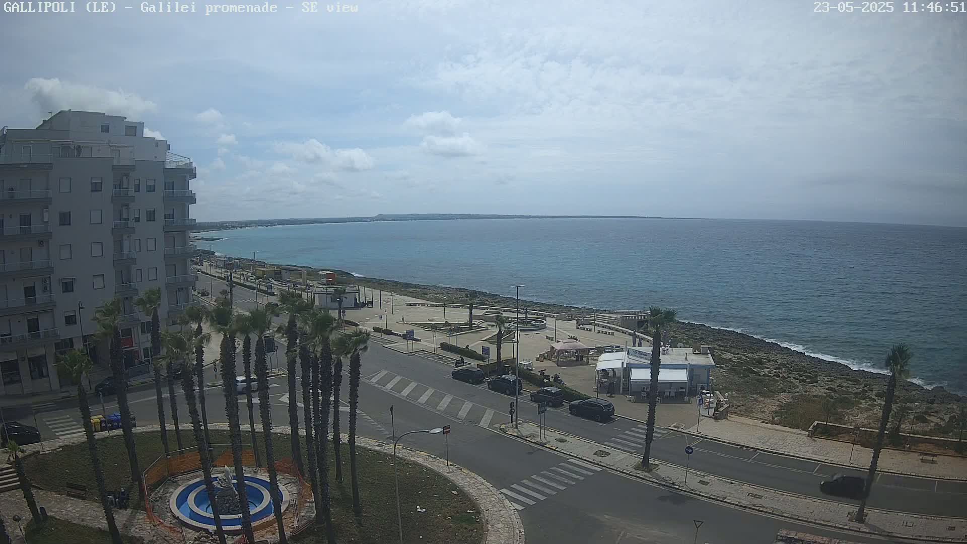 A seaside town on a partly cloudy day, featuring a multi-story building, palm trees lining a road next to a promenade overlooking a calm sea.