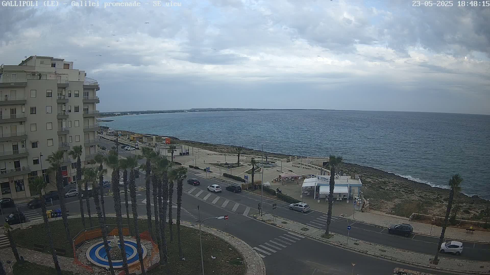 A seaside town under a partly cloudy sky features a coastal road with cars, palm trees, and a building overlooking a calm sea.