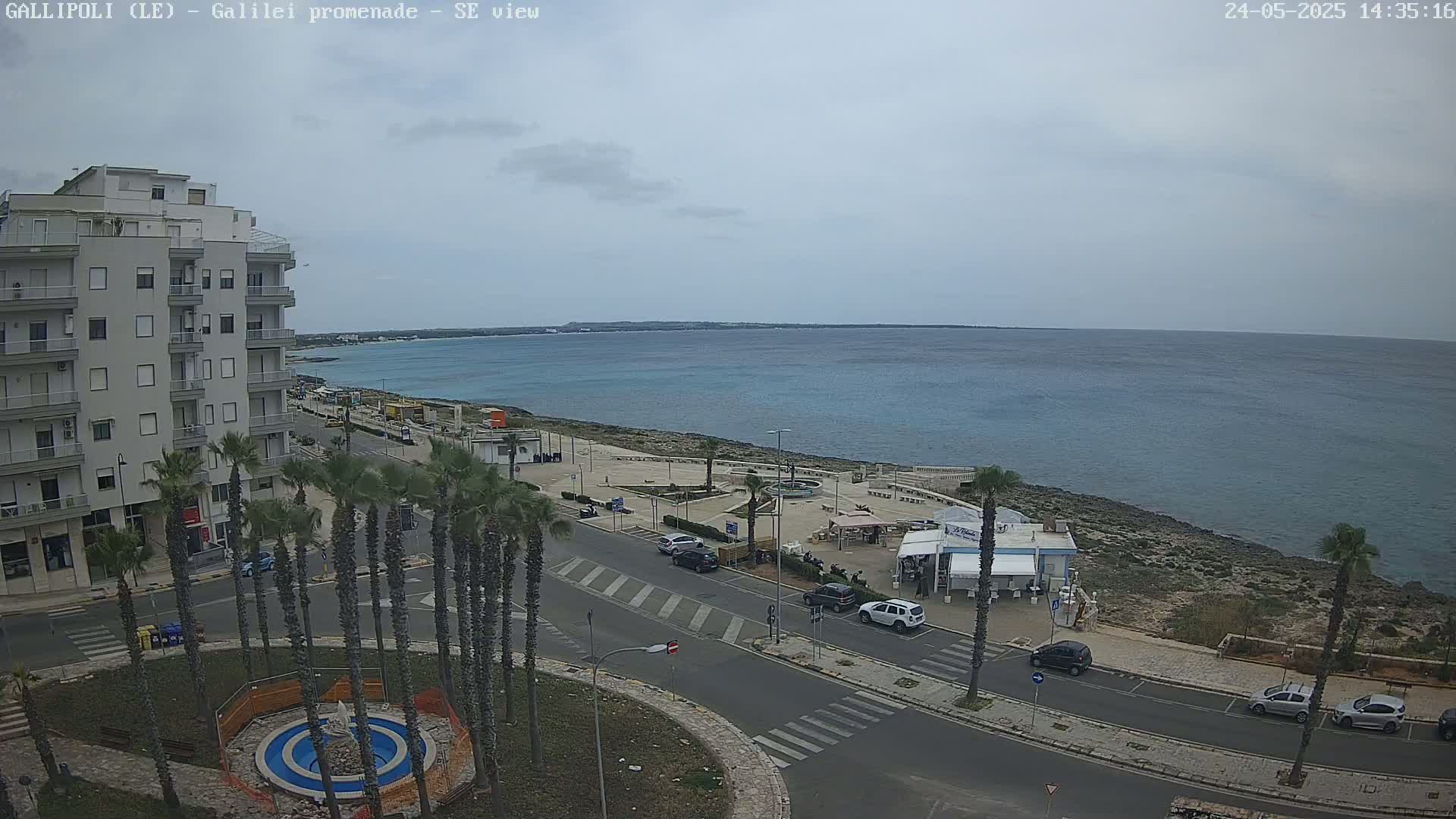 A seaside town on an overcast day, with a multi-story building, palm trees, a roadway, and a calm ocean in view.