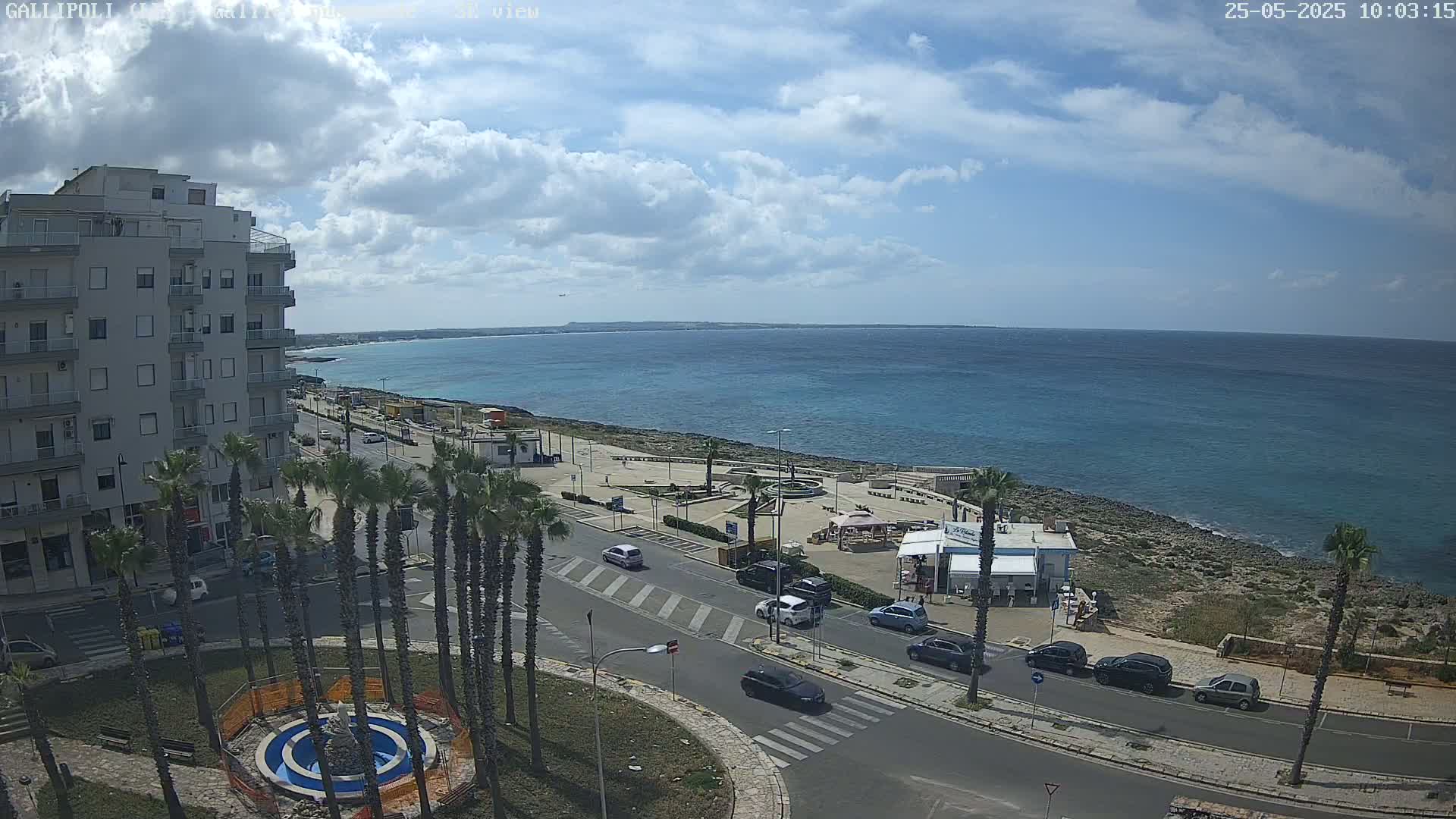 A partly cloudy day shows a coastal town with palm trees lining a road next to a calm blue sea.