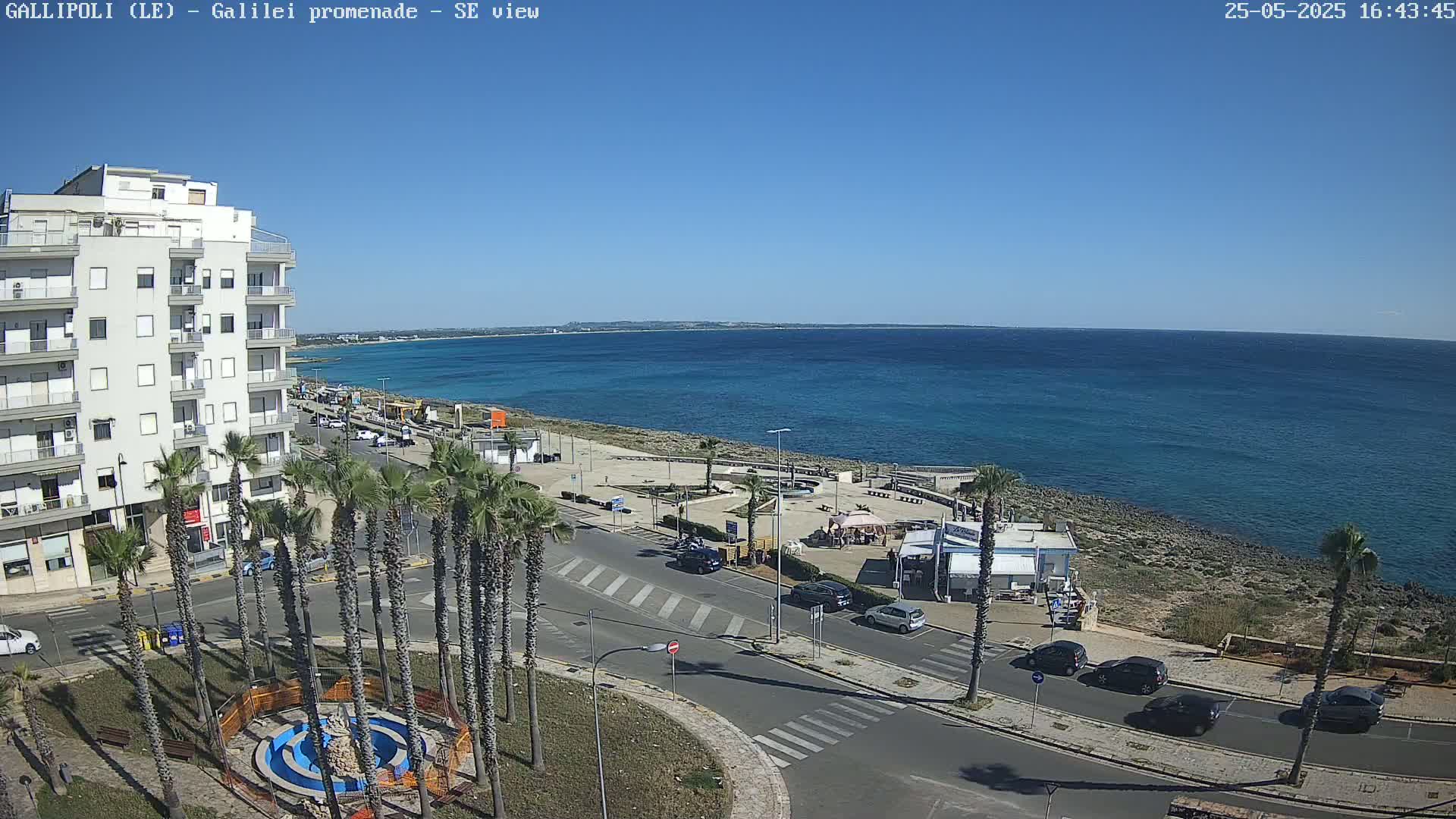 A coastal town scene on a sunny day shows a multi-story building, palm trees, a road with parked cars, and a calm blue sea stretching to a distant horizon.