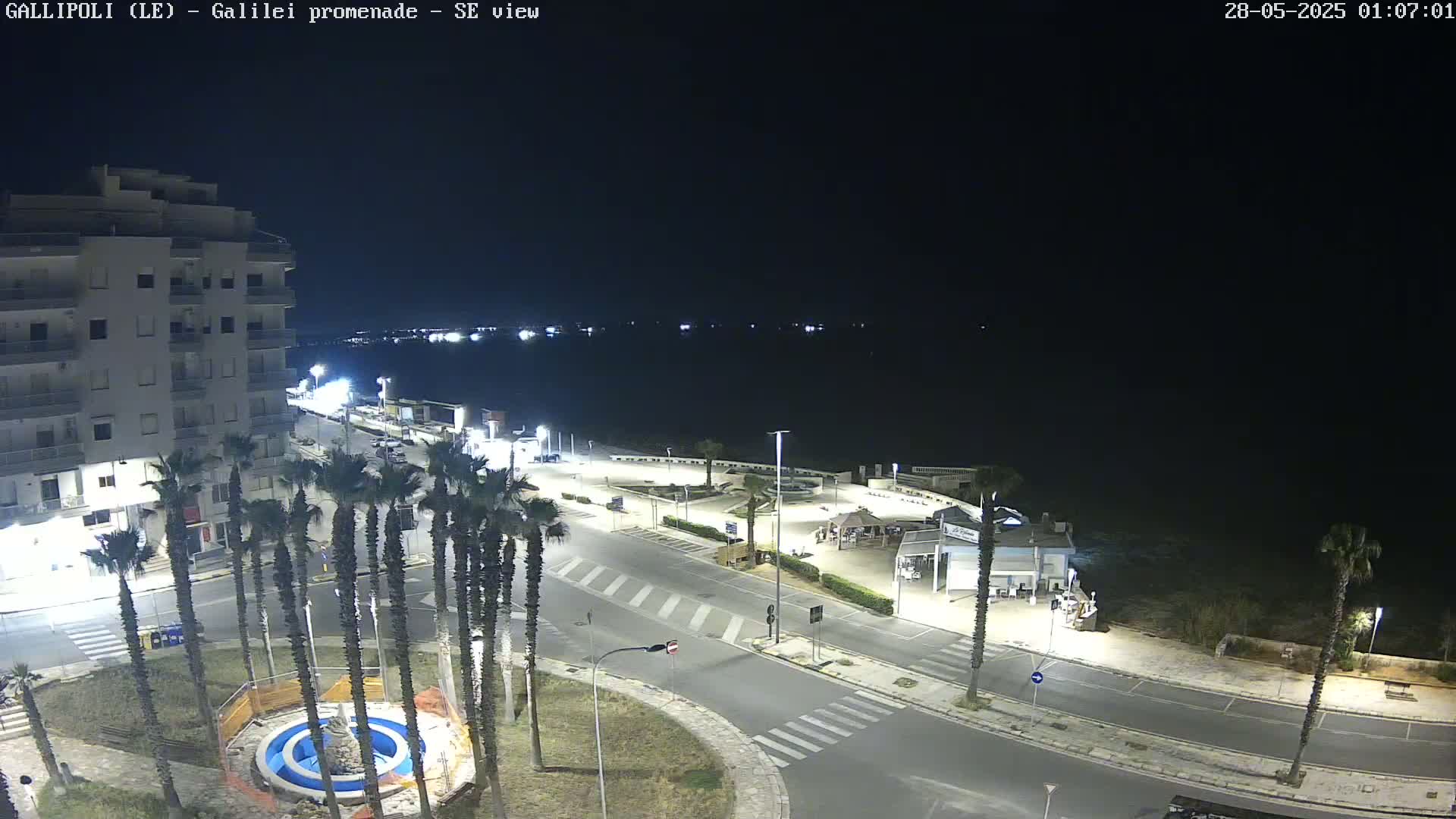 A nighttime, high-angle view shows a coastal town with palm trees, buildings, and a roadway leading to a dark body of water under a clear sky.