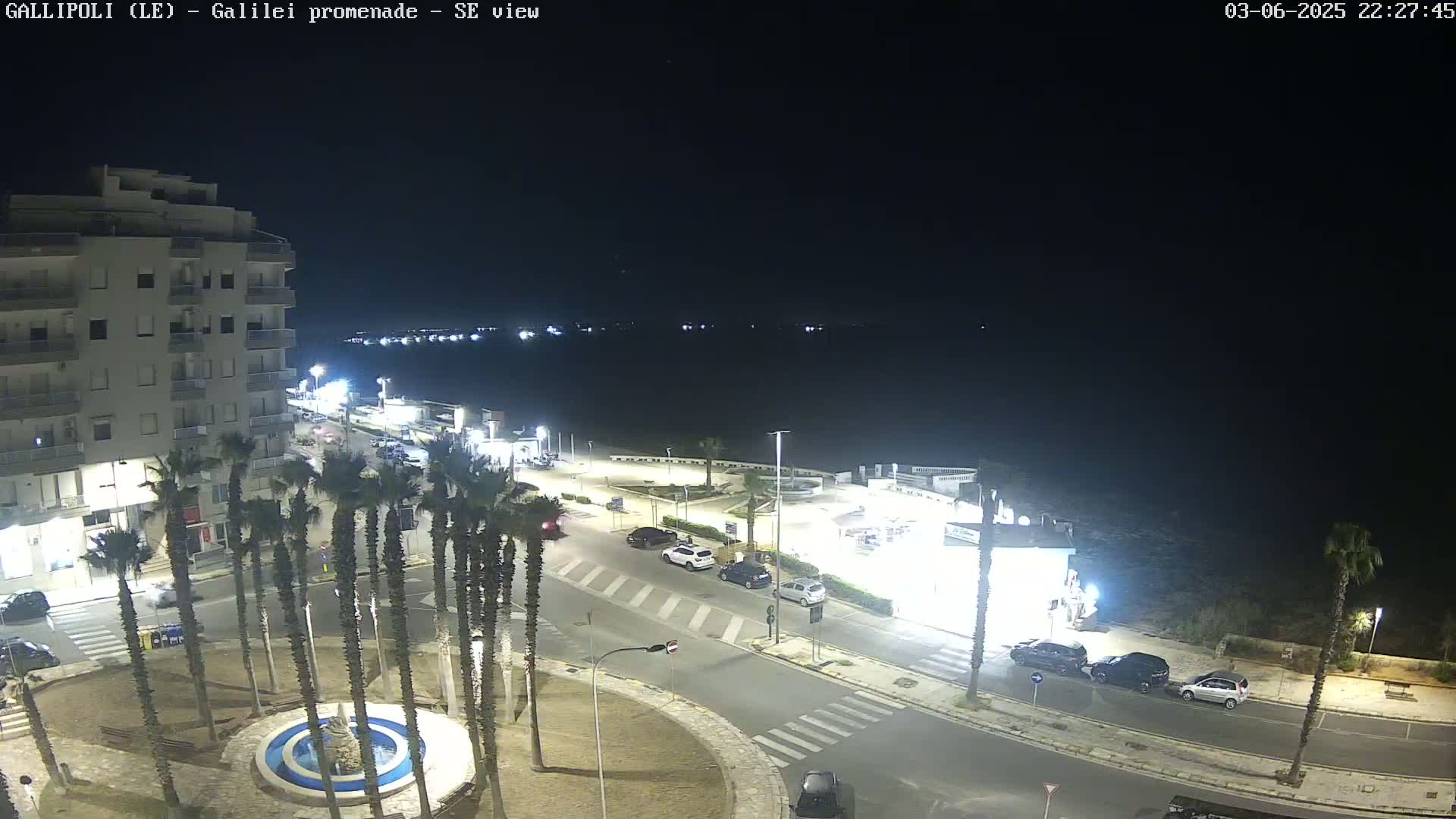 A nighttime, aerial view of a coastal town shows a calm sea, a promenade with palm trees and parked cars, and a multi-story building.