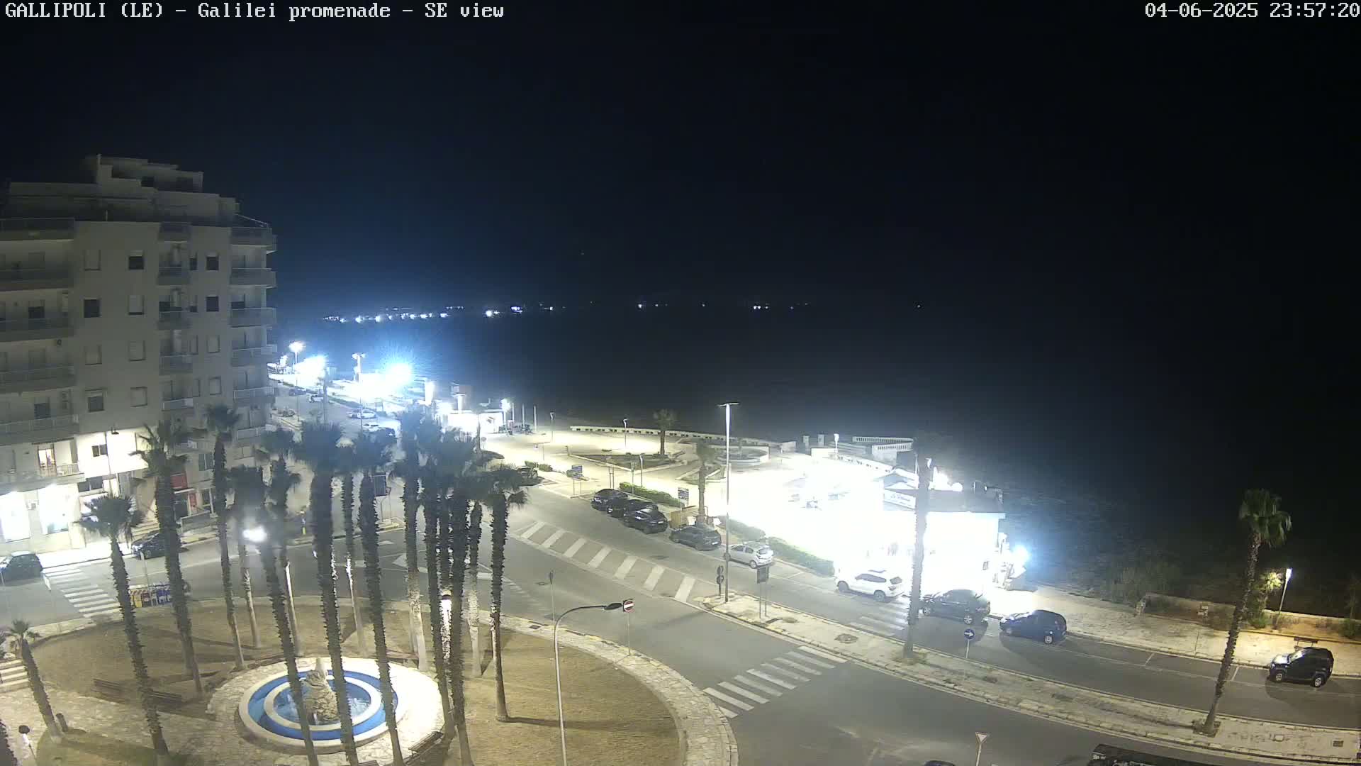 A nighttime view of a coastal town square with palm trees, parked cars, and a building overlooking the dark sea.