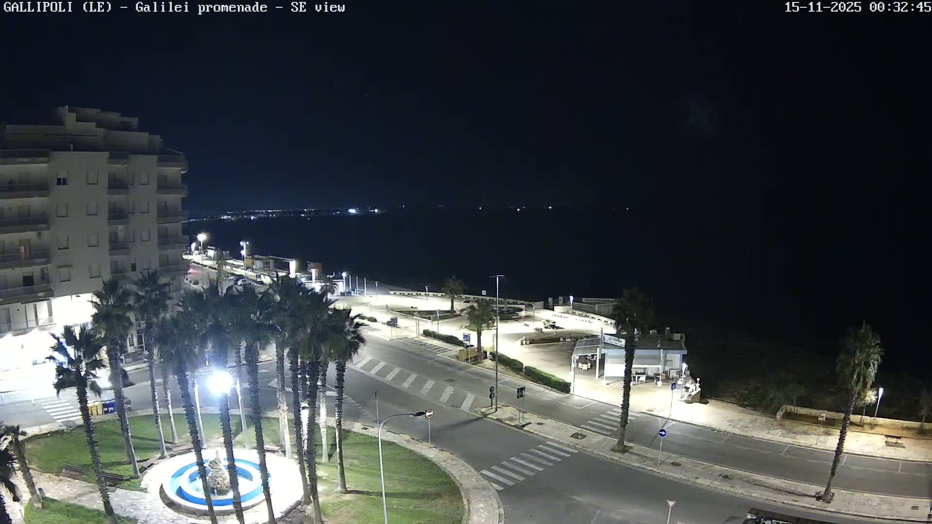 A well-lit seaside promenade featuring palm trees, a circular park with a fountain, and a multi-story building stands alongside a calm sea under a clear night sky.