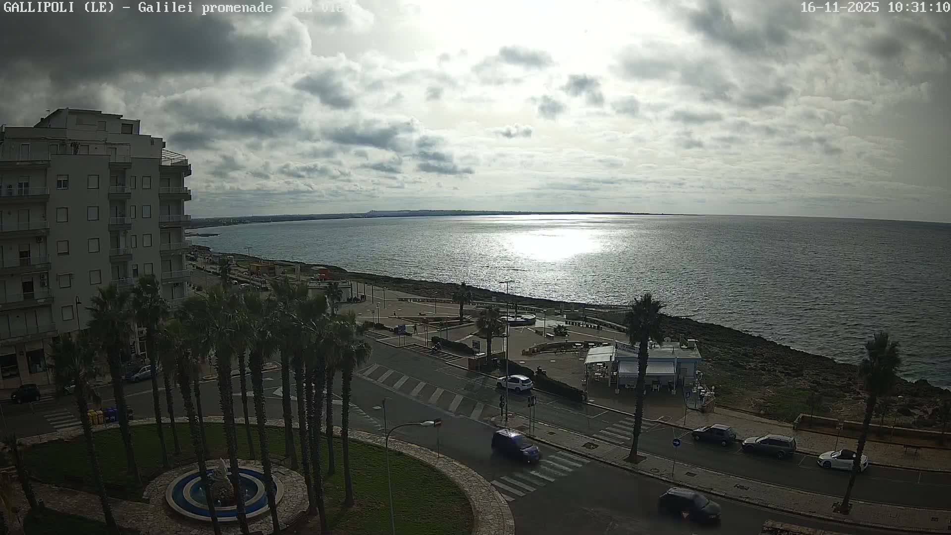A coastal view under a partly cloudy sky shows sunlight glinting off the expansive sea, a promenade lined with palm trees and a multi-story building, and a few cars on the road.