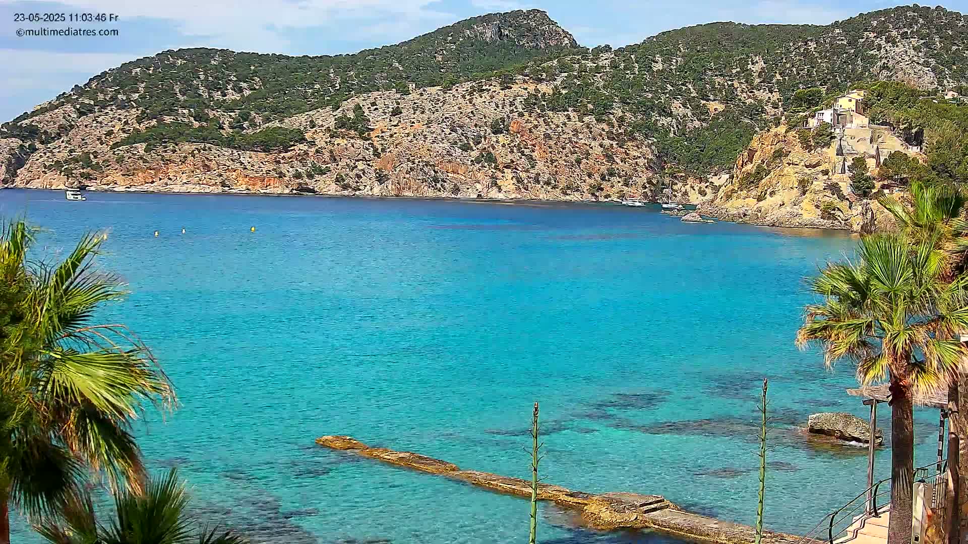 Bright turquoise water laps a rocky shore lined with palm trees under a partly cloudy sky, with a small village perched on a hillside in the background.