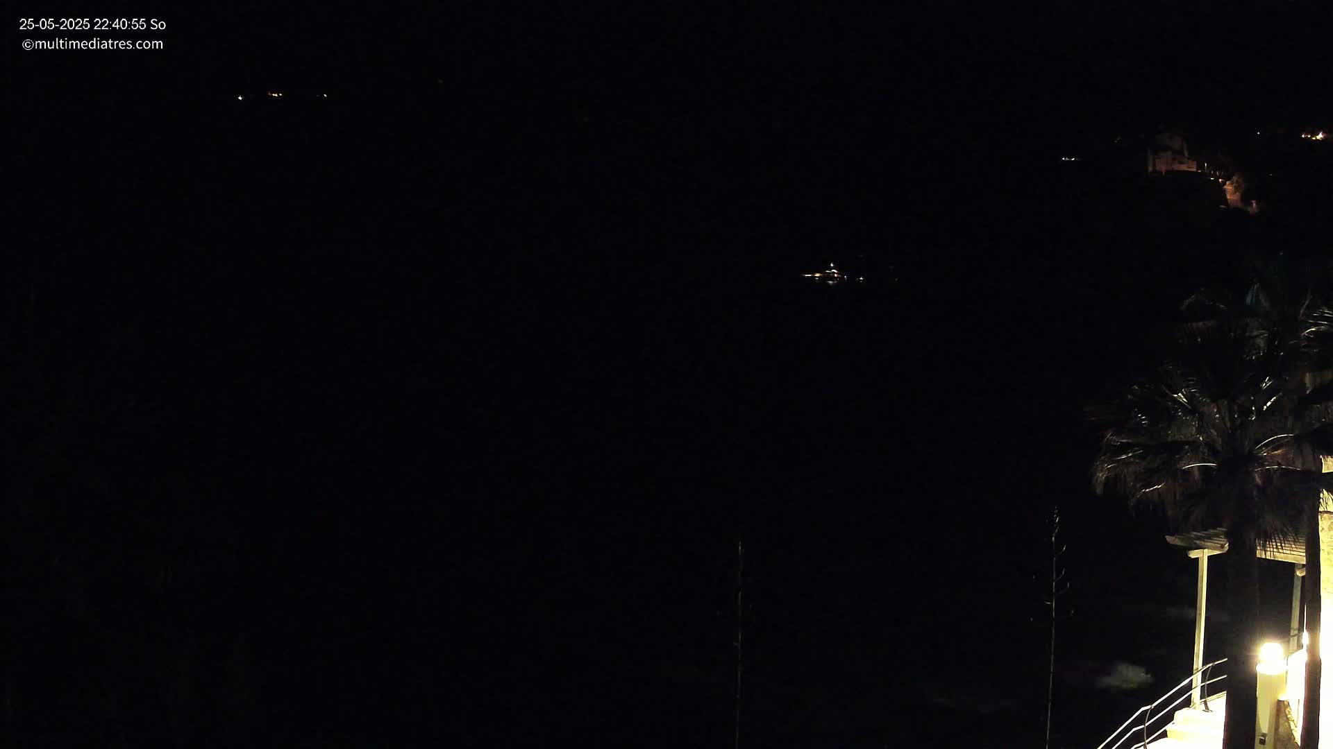 A nighttime, dark view of a body of water with dimly lit buildings and palm trees visible on the right.