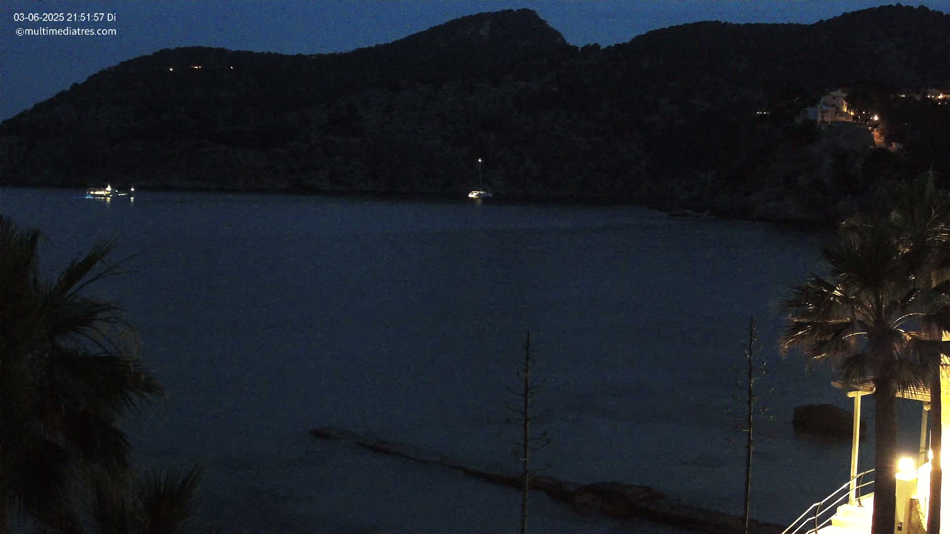 Two boats are visible on a dark blue body of water at night, with a hill in the background illuminated by a few lights, and palm trees in the foreground.