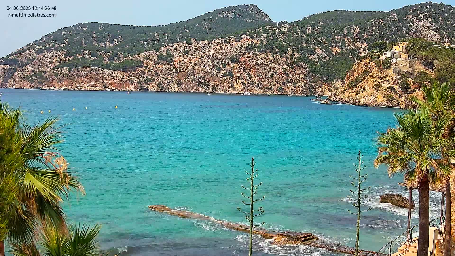 A tranquil turquoise bay is nestled between verdant hills on a sunny day, with palm trees framing the view in the foreground.