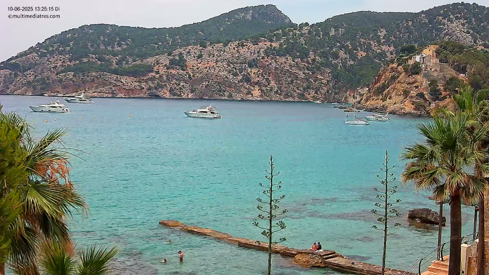 Several yachts are anchored in a clear, turquoise bay surrounded by rocky hillsides and palm trees on a sunny day.