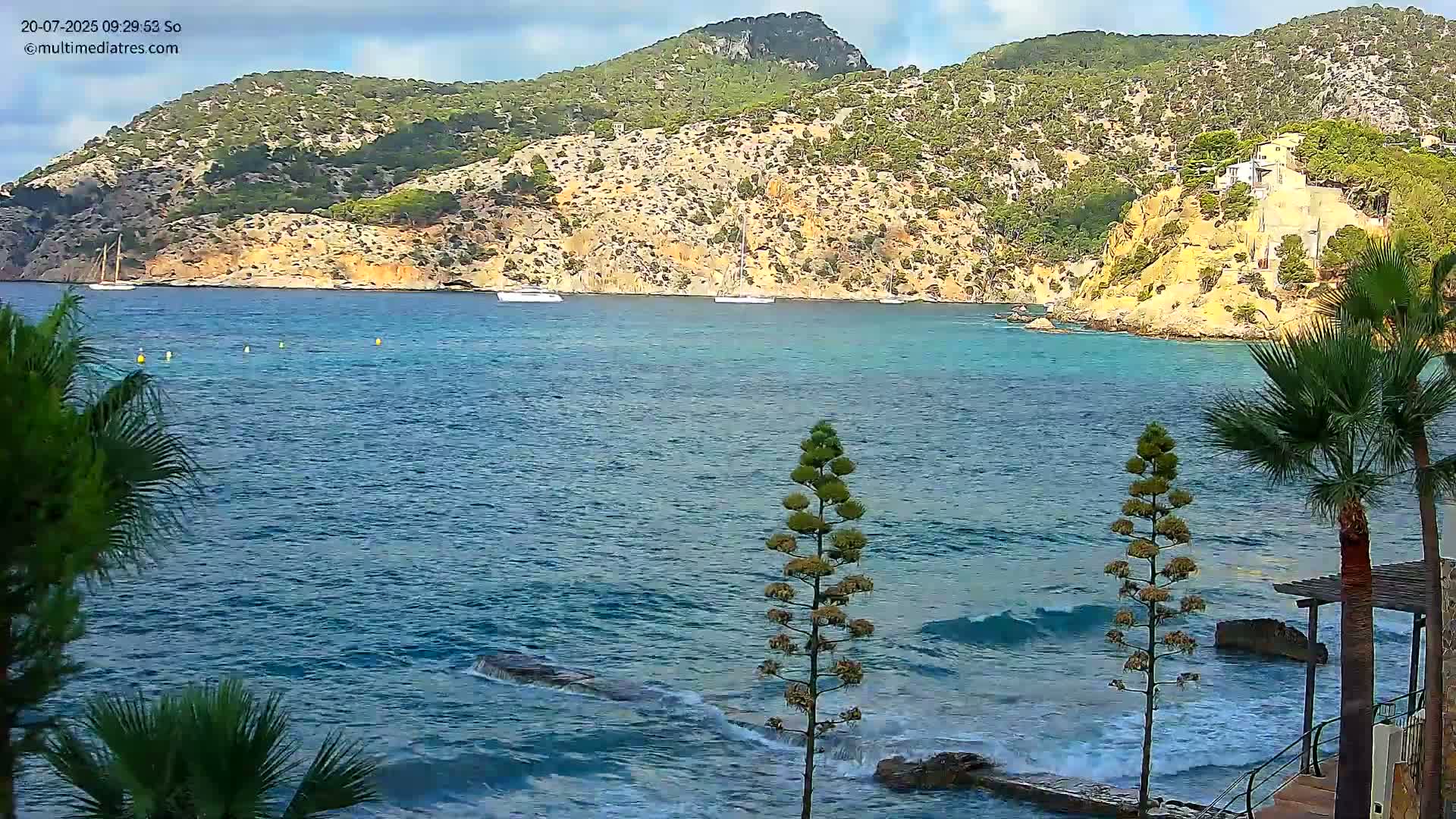 A calm, blue ocean with gentle waves laps against a rocky shore, where several palm trees stand near a small structure, with boats visible in the distance and a hilly, green island in the background under a partly cloudy sky.