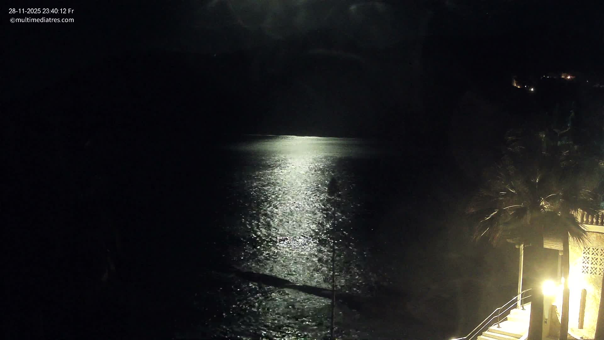 A clear night reveals a path of moonlight shimmering across the sea, with a palm tree, illuminated stairs, and a building on the right, and faint distant lights dotting the dark coastline.