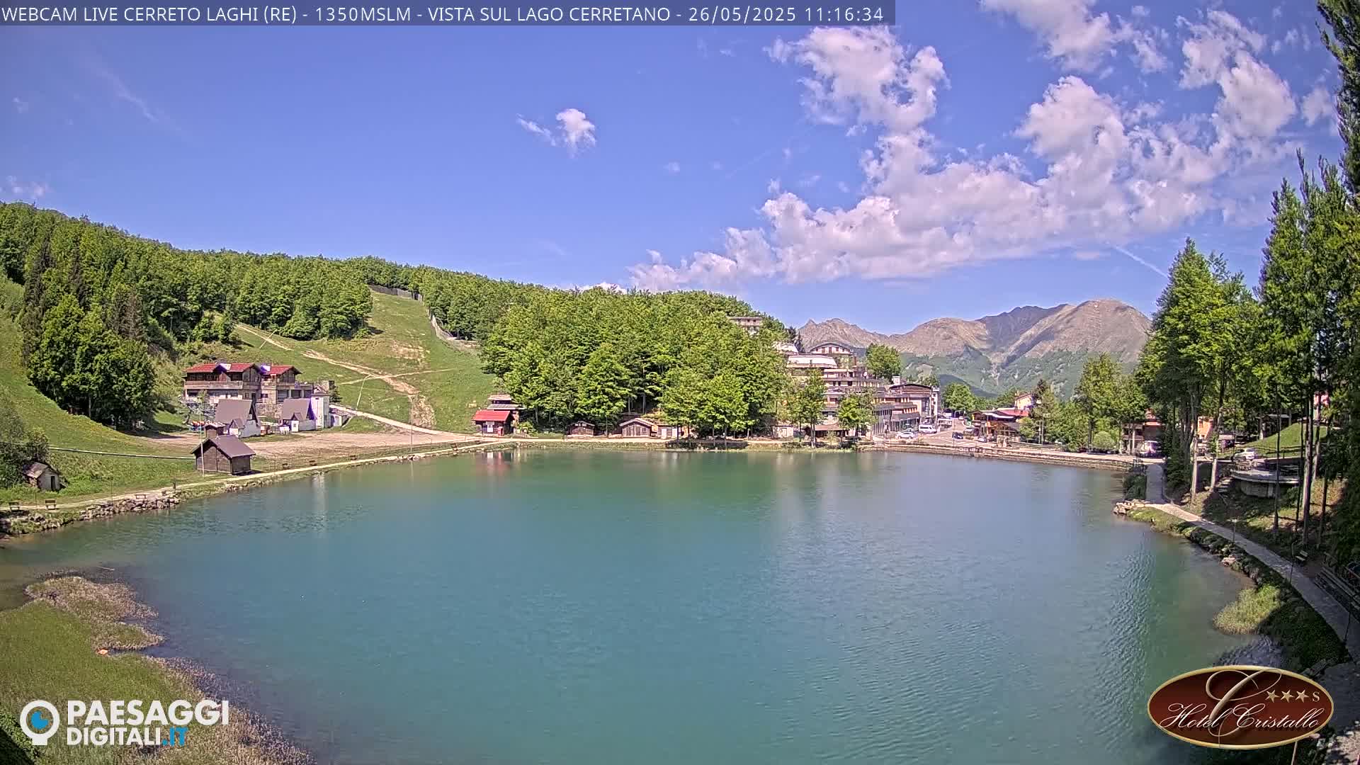 A lake surrounded by green hills, buildings, and trees under a partly cloudy blue sky.