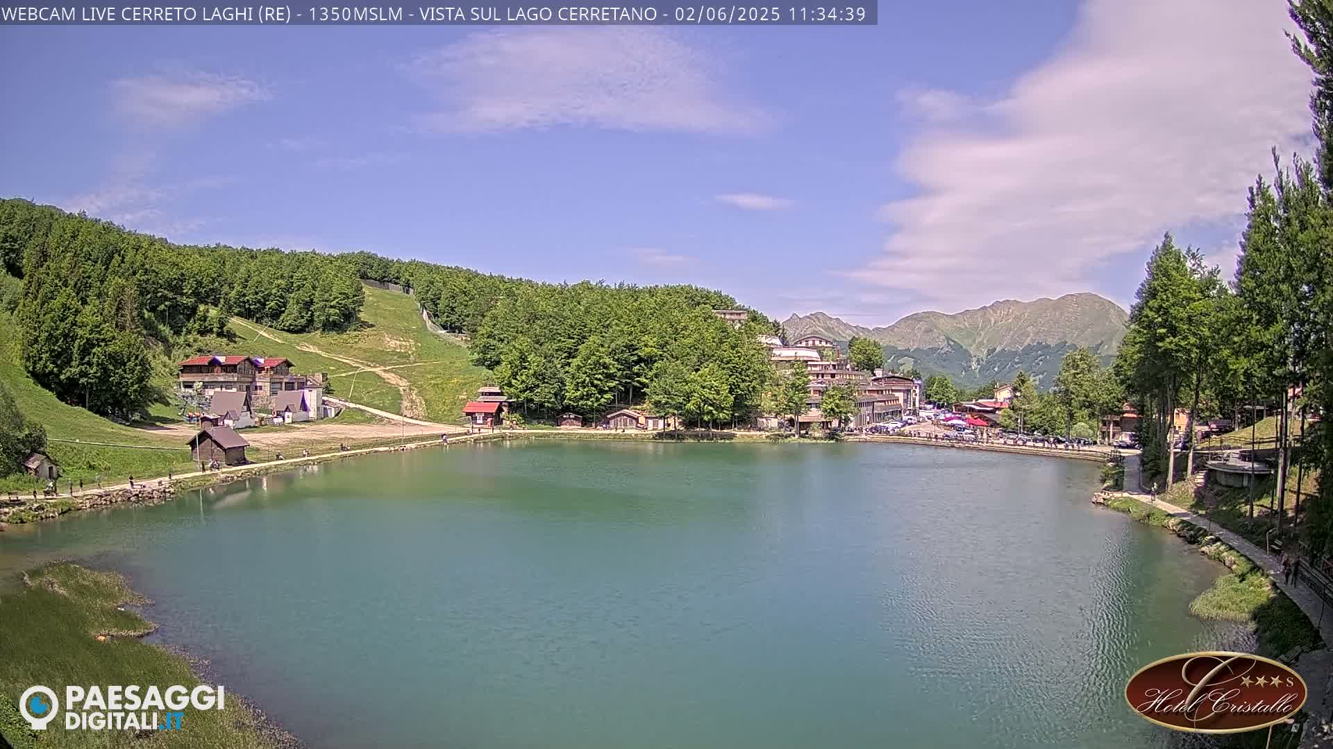 A calm lake surrounded by a village nestled in a mountainous region under a partly cloudy, sunny sky.