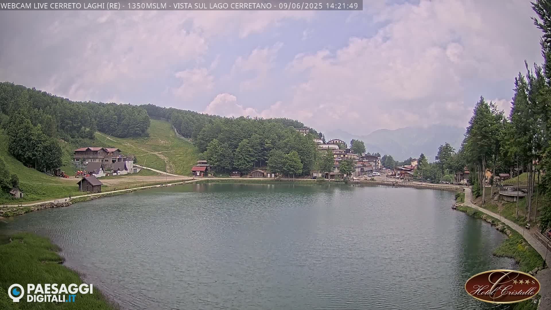 A calm lake is nestled among green hills and a small village under a partly cloudy sky.