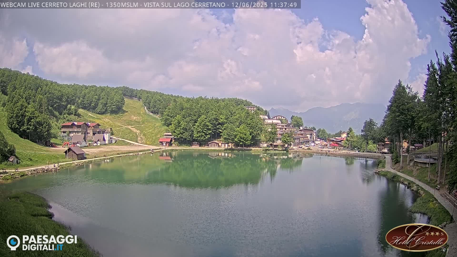 A calm lake reflects buildings and trees under a partly cloudy sky.