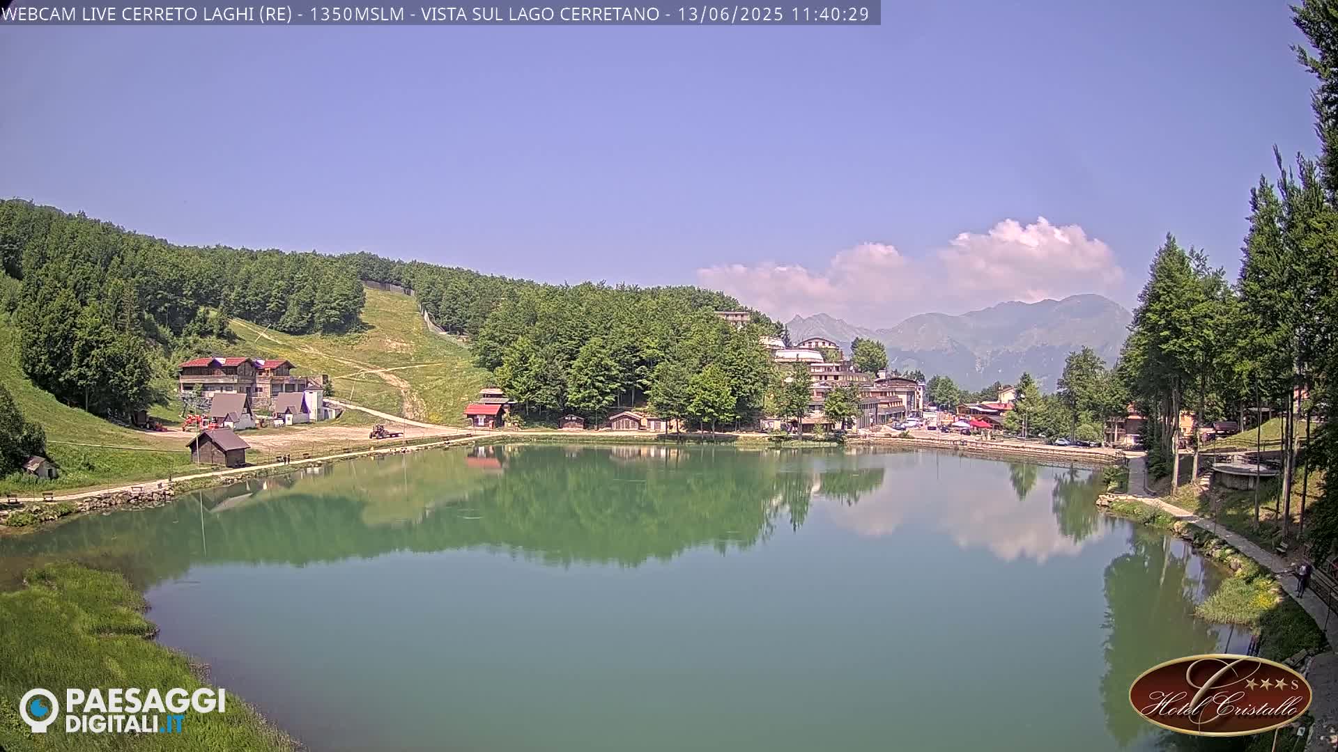 A calm lake reflects buildings and a mountain range under a mostly sunny sky.