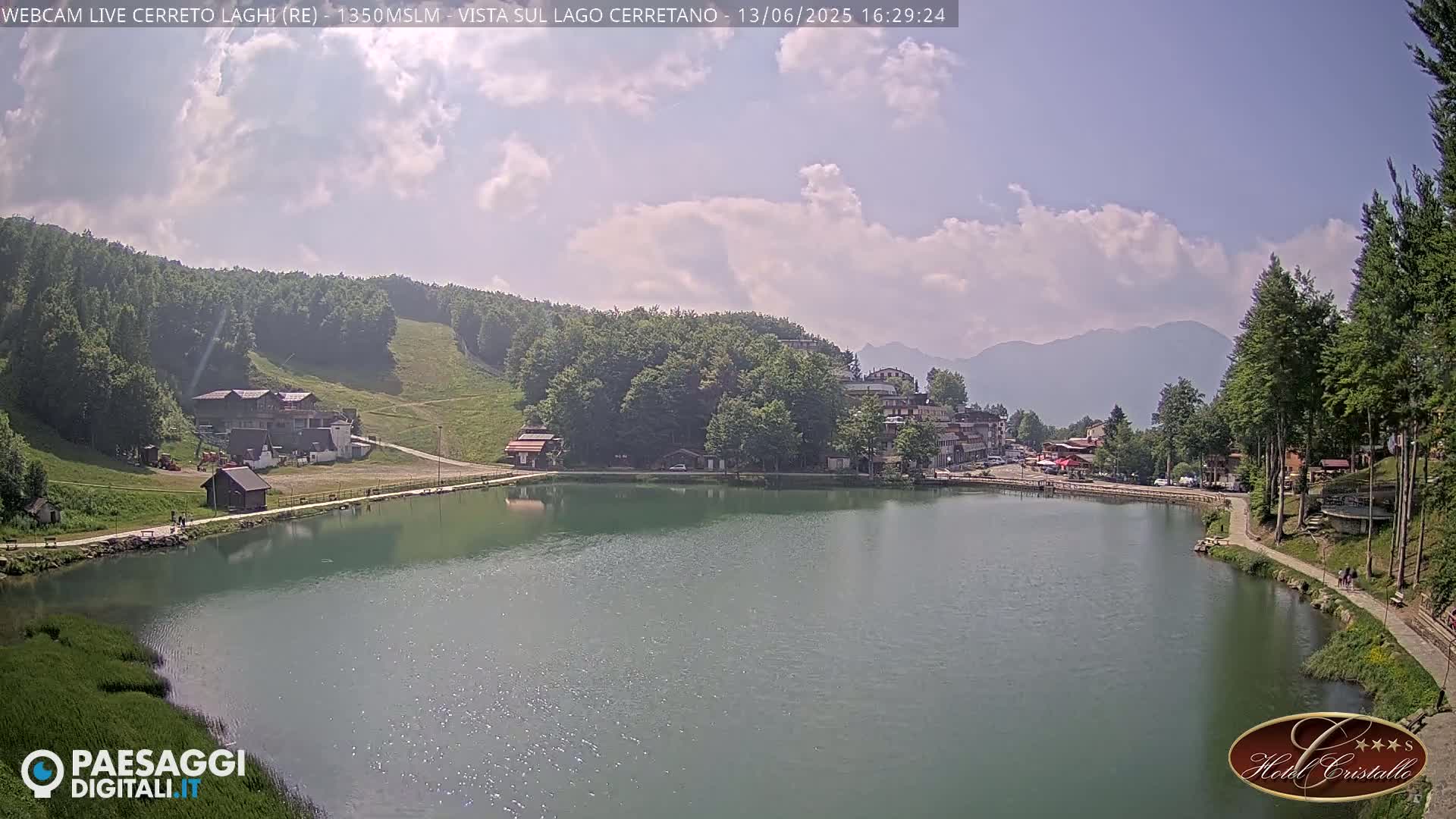 A partly cloudy day shows a calm lake surrounded by green hills, a ski slope, and buildings.