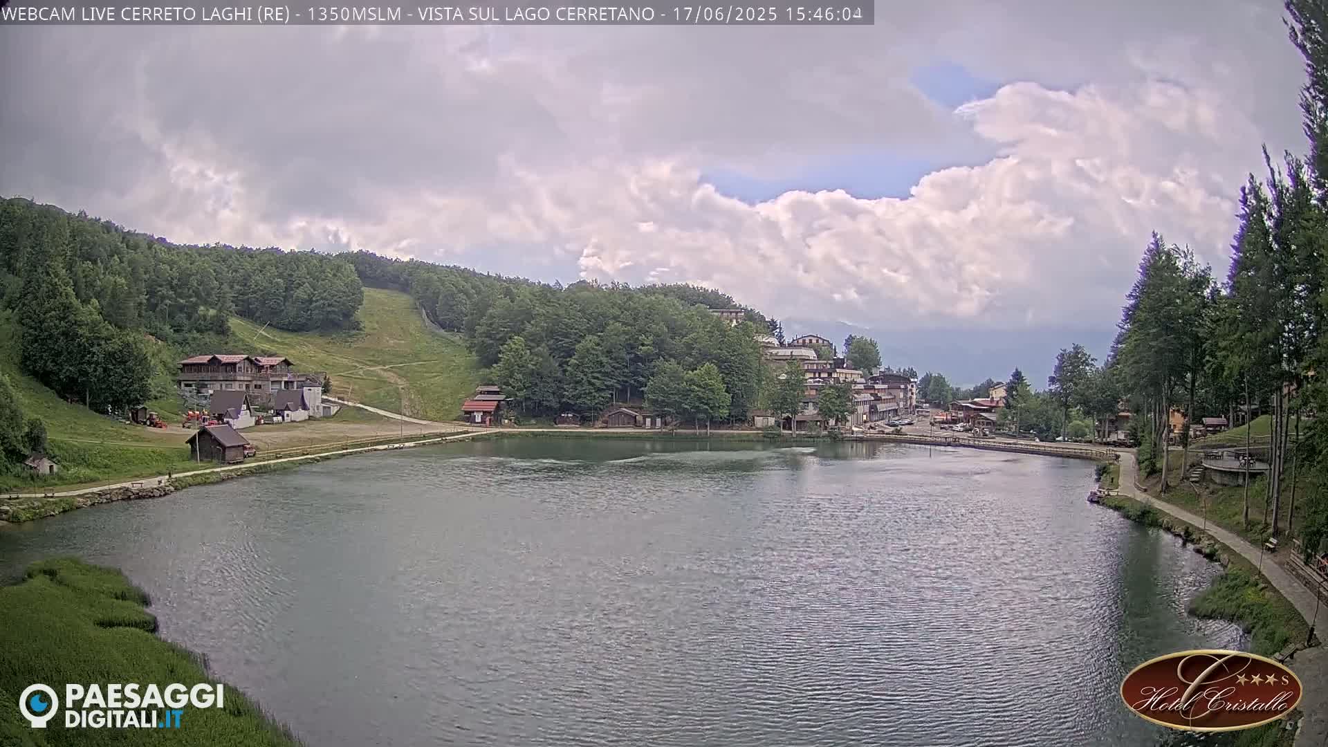 A lake is surrounded by green hills, buildings, and trees under a partly cloudy sky.