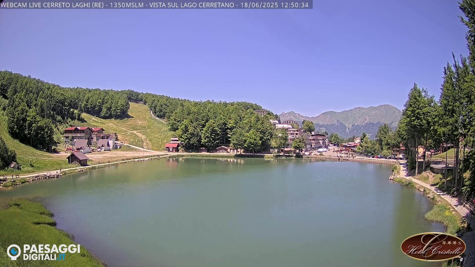 A calm lake surrounded by green hills, buildings, and trees on a sunny day.